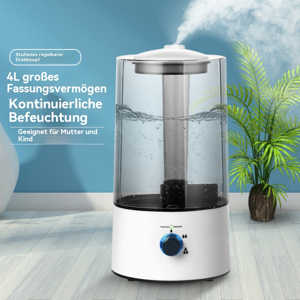Weißer und transparenter Luftbefeuchter mit Text, der seine Funktionen beschreibt.