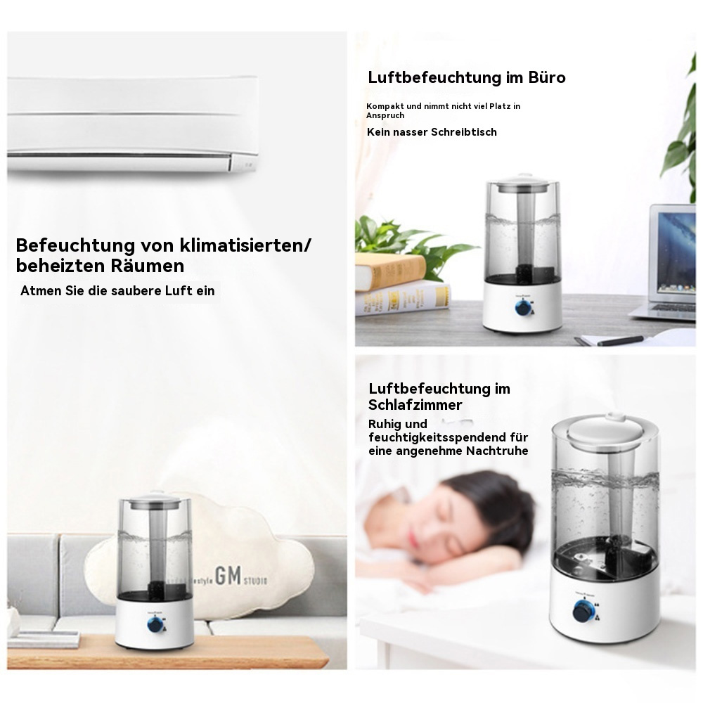 Mehrere Bilder eines Luftbefeuchters in verschiedenen Umgebungen. Der Luftbefeuchter ist weiß und klar.