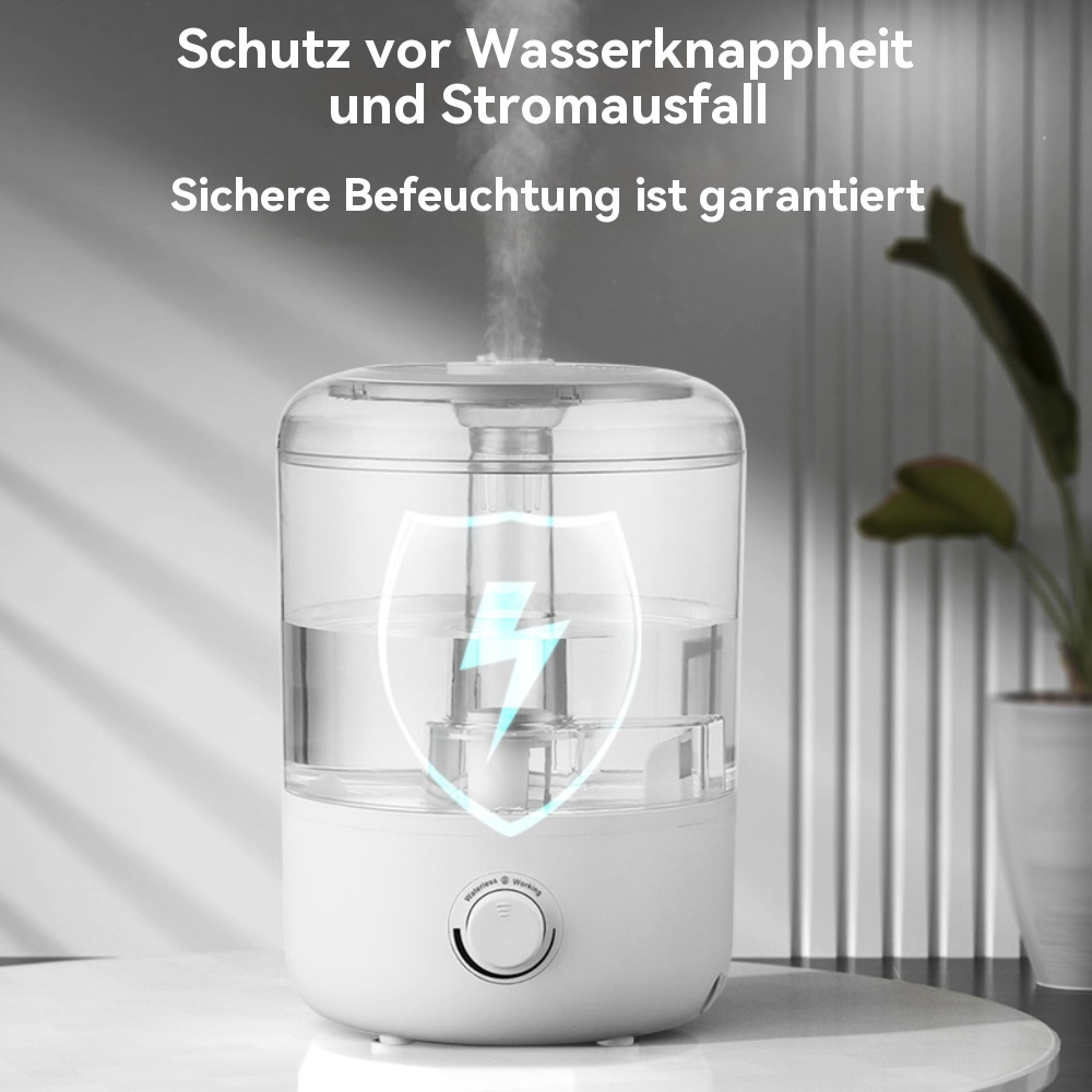 Ein weißer und klarer Luftbefeuchter mit Wasserstand. Das Gerät steht auf einem Tisch.