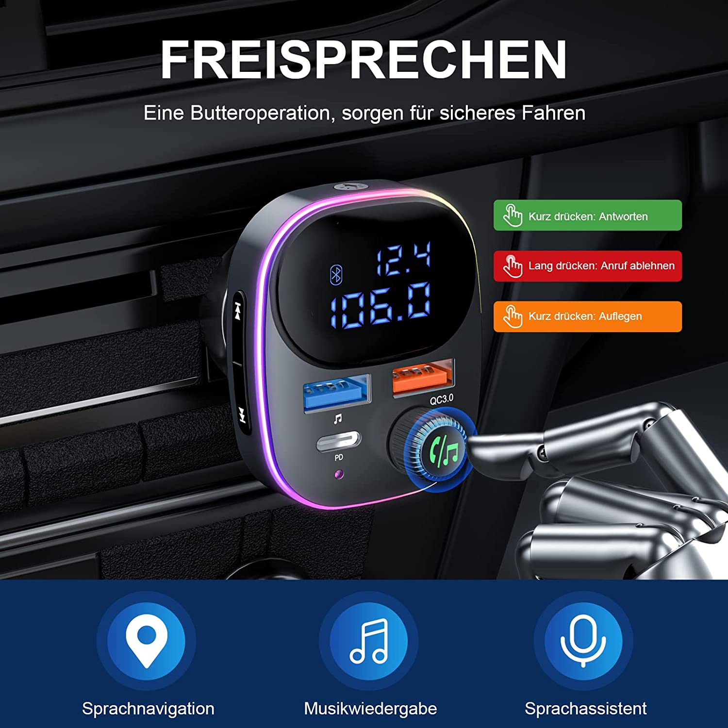 Ein Autogerät mit Bildschirm und Knöpfen. Es zeigt eine digitale Anzeige und USB-Anschlüsse.