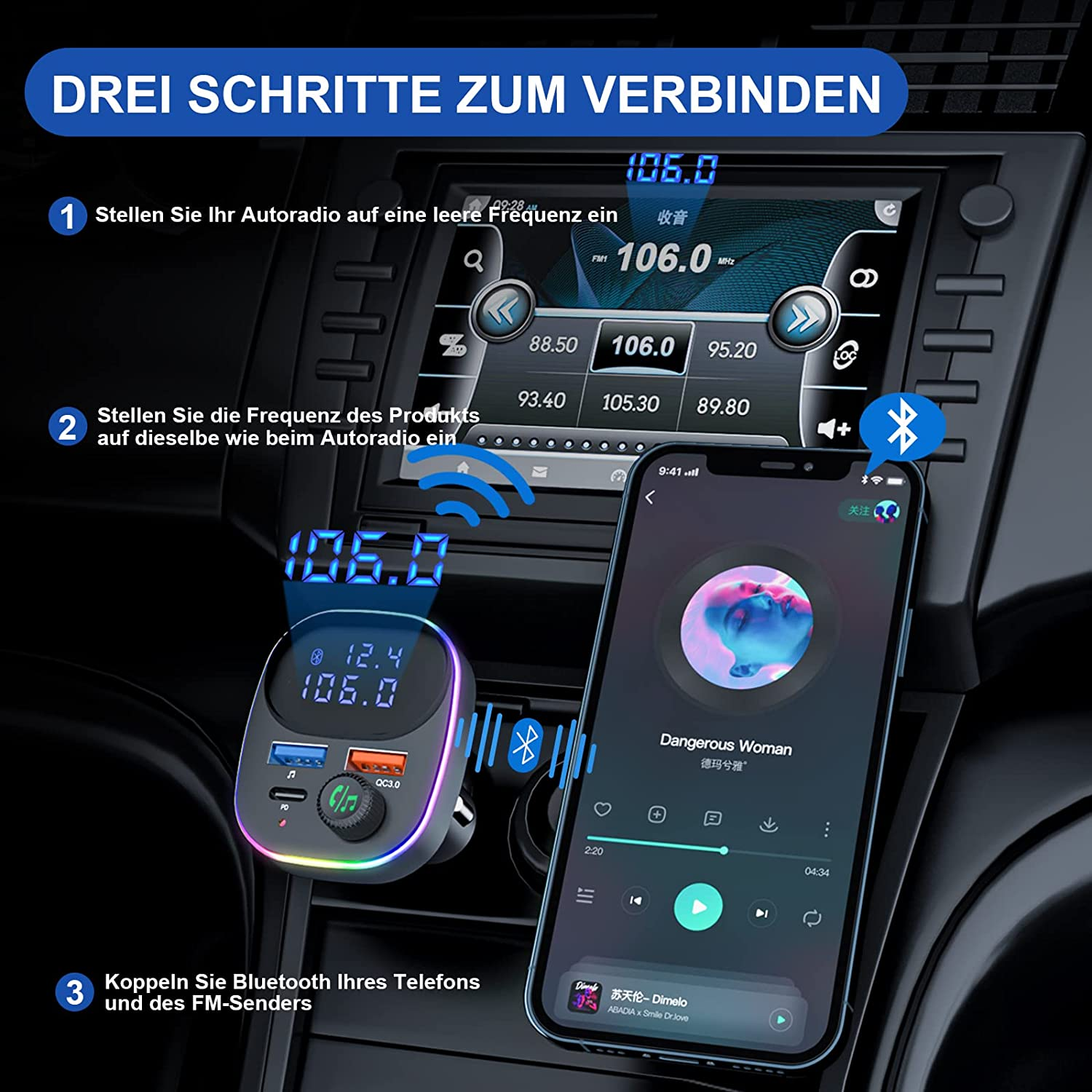 Anweisungen für ein Gerät. Schritte sind: Radiofrequenz einstellen, Gerätefrequenz einstellen, Telefon-Bluetooth verbinden.
