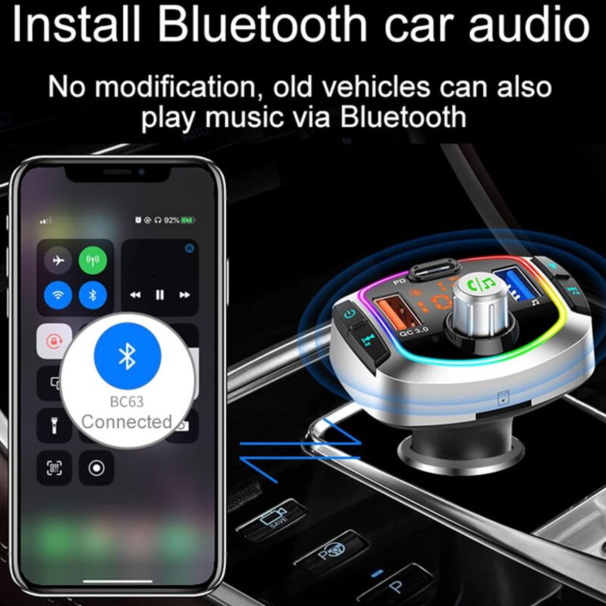 Ein Smartphone ist über Bluetooth mit einem Auto-Audiosystem verbunden, mit einem farbenfrohen Display.