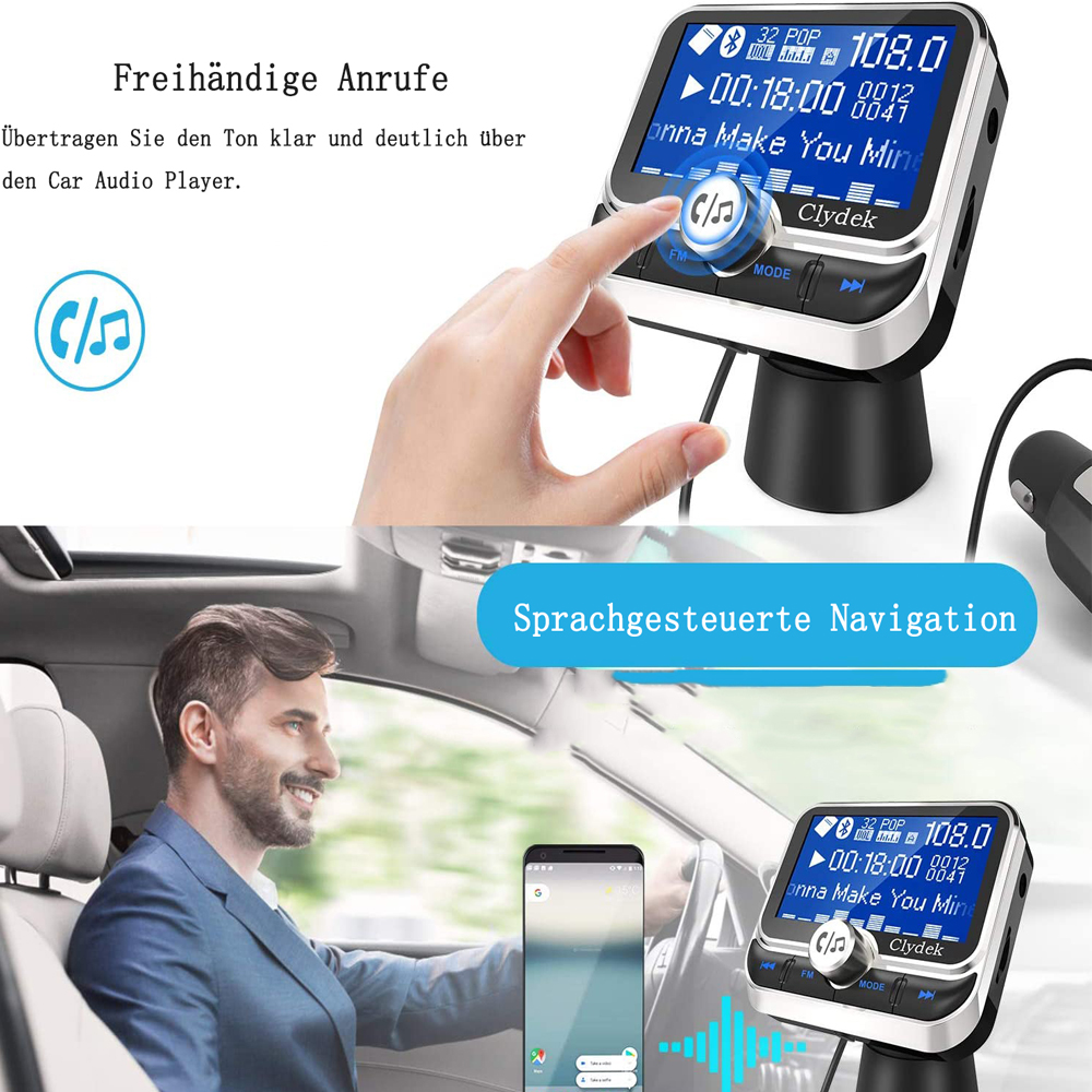 Die Hand eines Mannes zeigt auf ein Autoradio. Das Radio zeigt Radioinformationen und ein Smartphone.