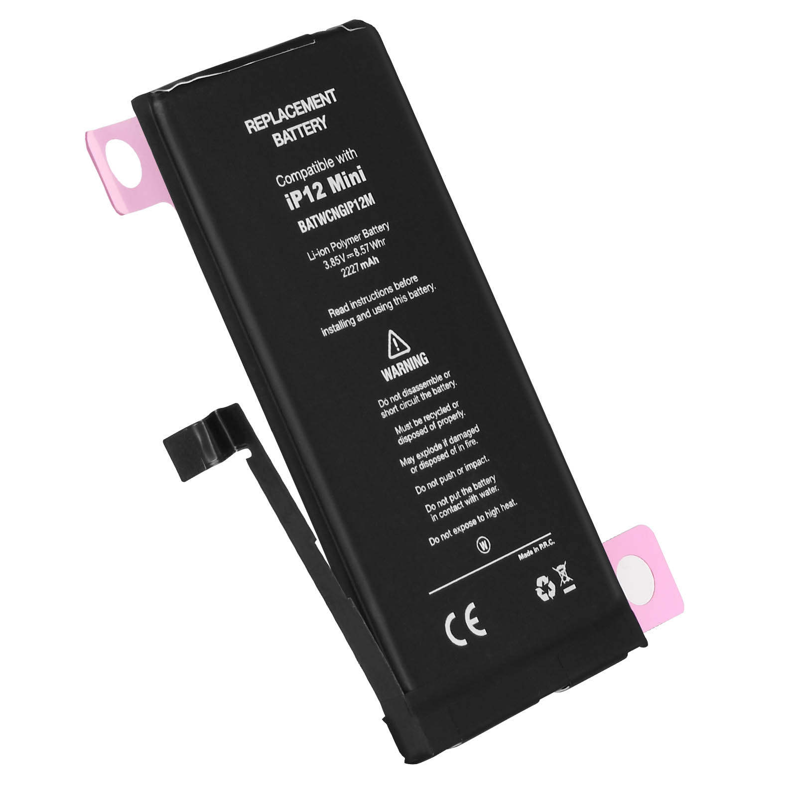 Batteria di ricambio nera con testo e linguette rosa. Etichetta di avvertimento visibile.