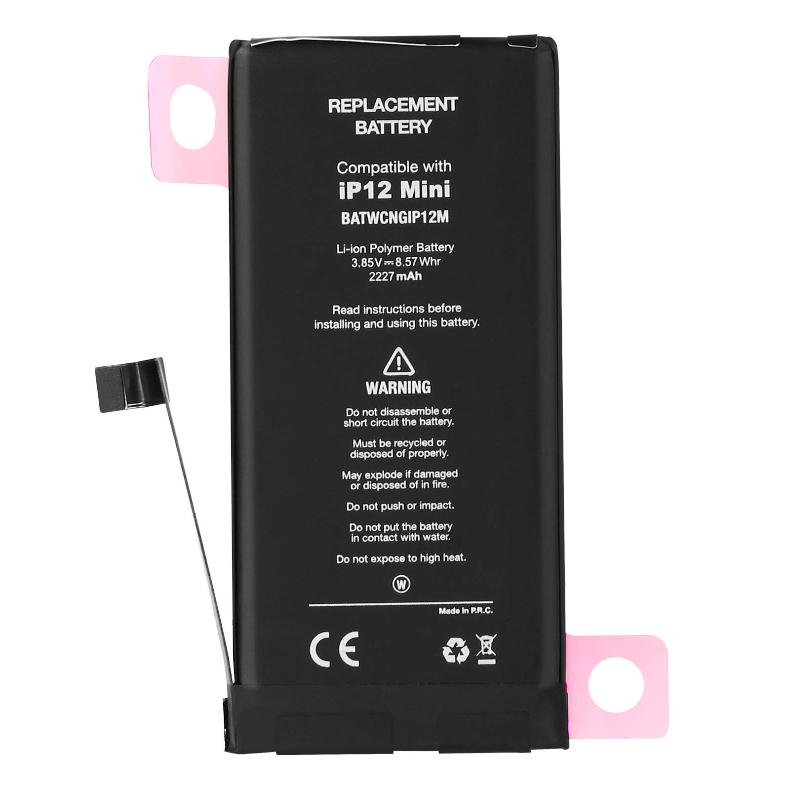 Batteria nera per iPhone 12 Mini con testo di avvertenza e istruzioni.