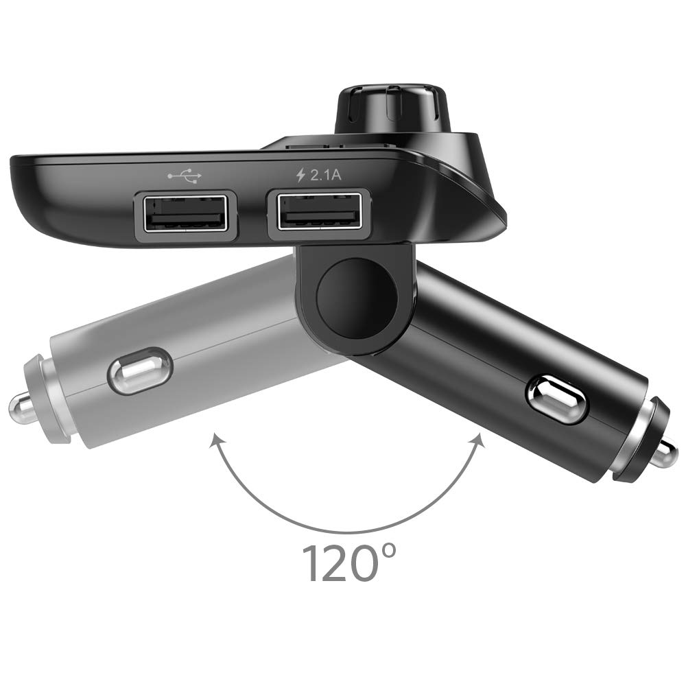 Ein schwarzes Autozubehör mit USB-Anschlüssen und einem 120-Grad-Schwenkdesign. Pfeile zeigen die Bewegung an.