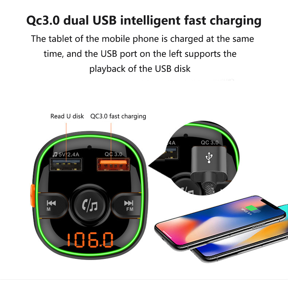 Schwarzes und grünes Autoladegerät mit USB-Anschlüssen und digitaler Anzeige '106.0'. Zwei Handys laden.