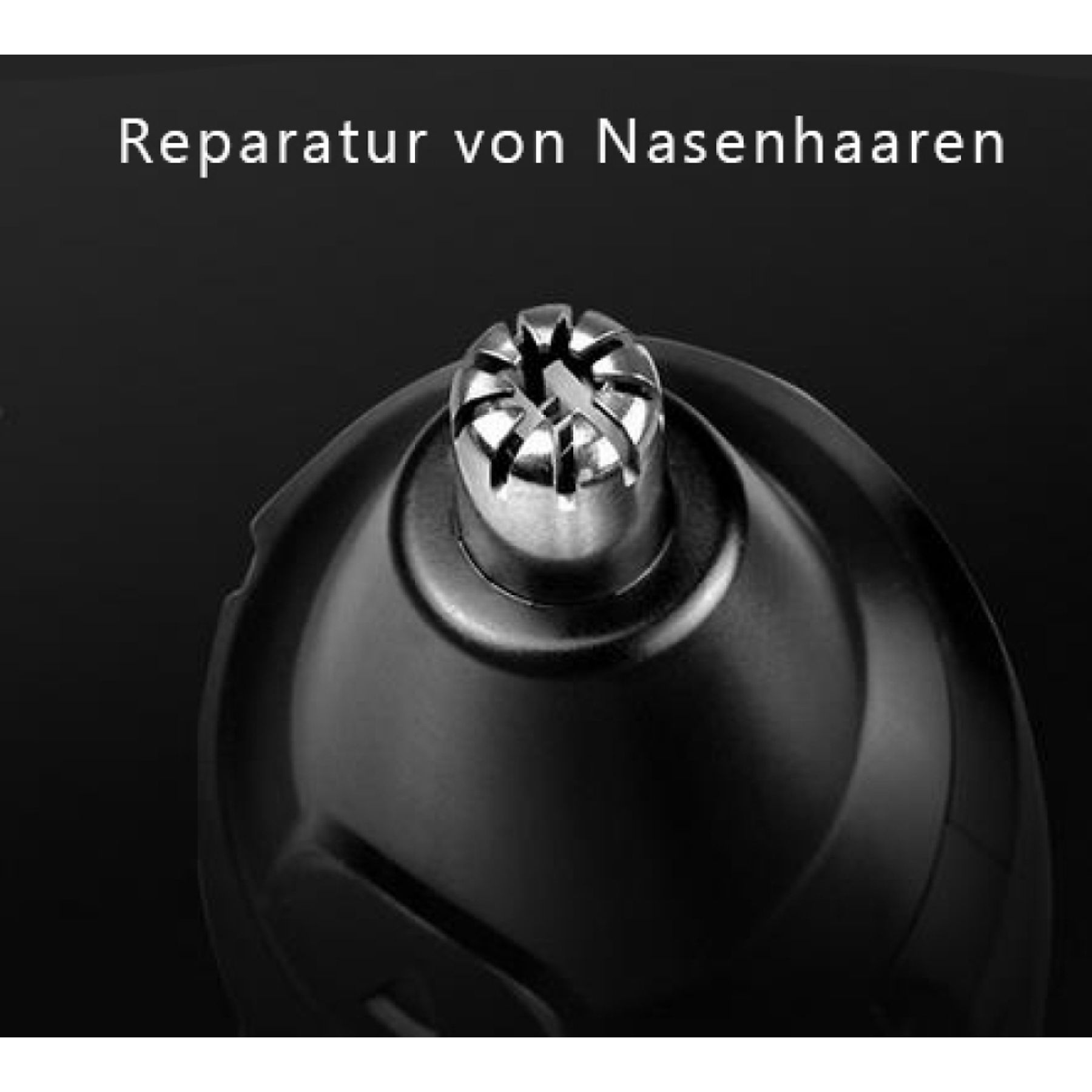 Nahaufnahme eines schwarzen Nasenhaartrimmers. Der Trimmerkopf ist silberfarben.