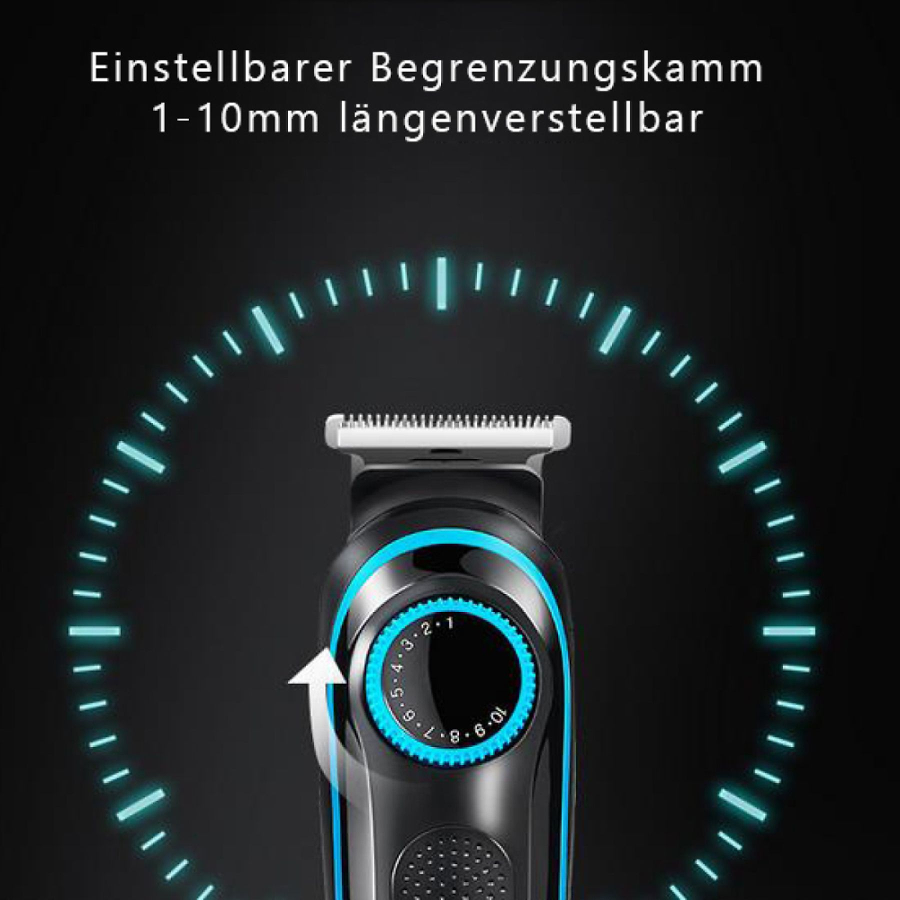 Nahaufnahme eines schwarzen Haarschneiders mit blauem Drehregler und weißem Pfeil, der die Einstellung anzeigt.