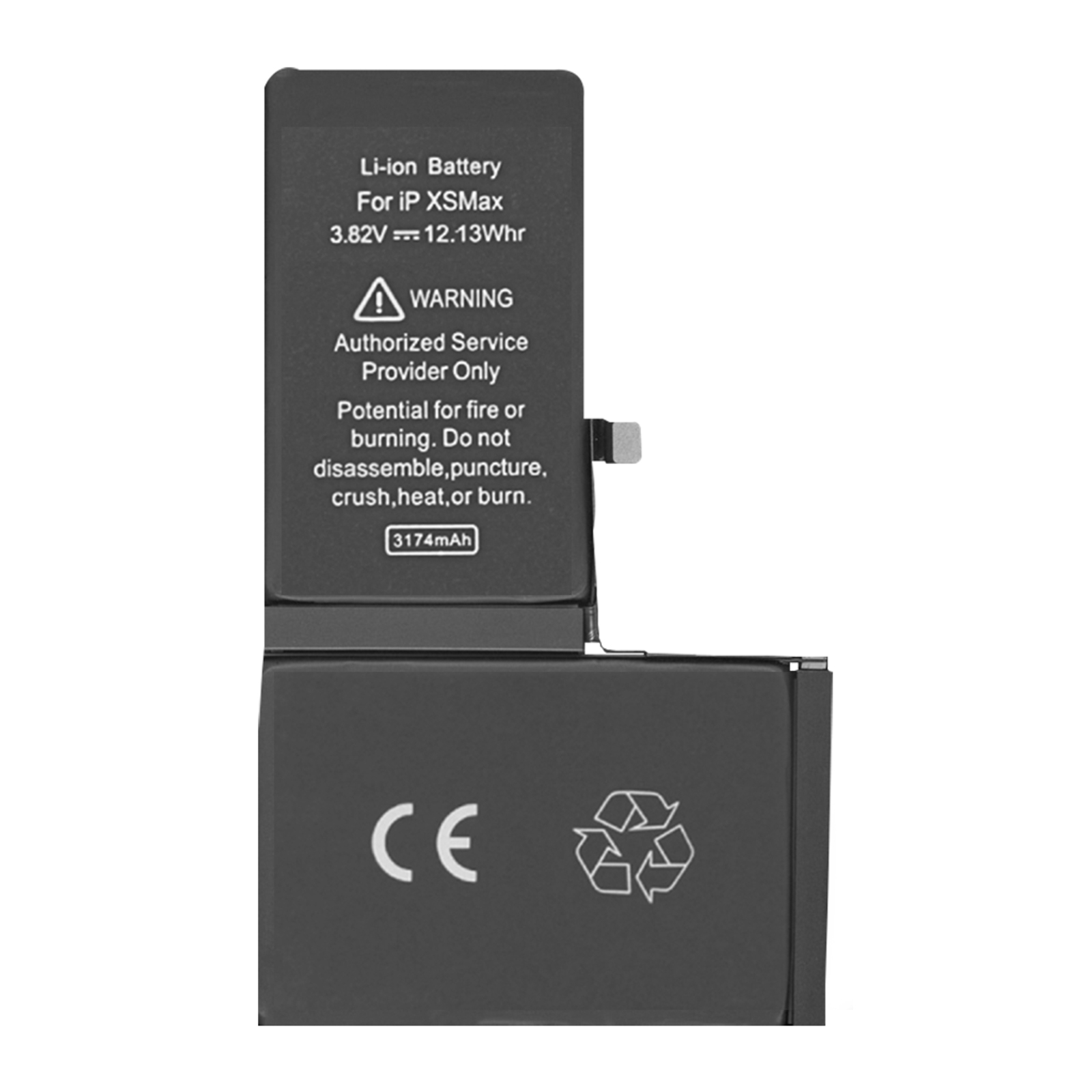Batteria Li-ion per un telefono IP XS Max con etichetta di avvertimento.