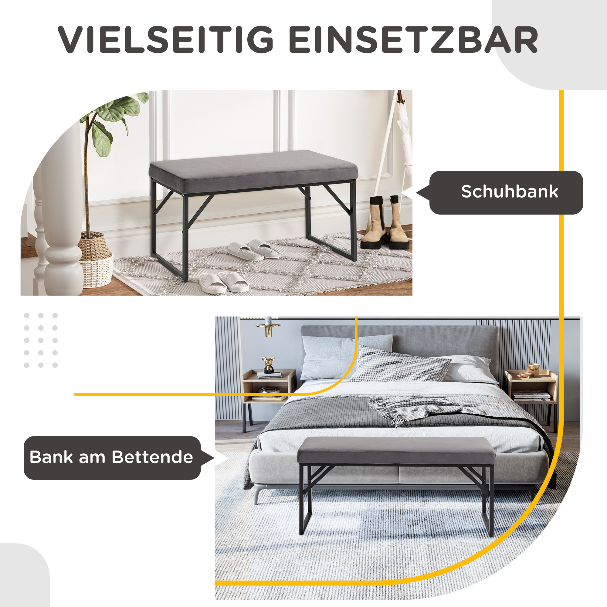 Eine graue Bank wird in zwei Umgebungen gezeigt, als Schuhbank und Bettenende bezeichnet.