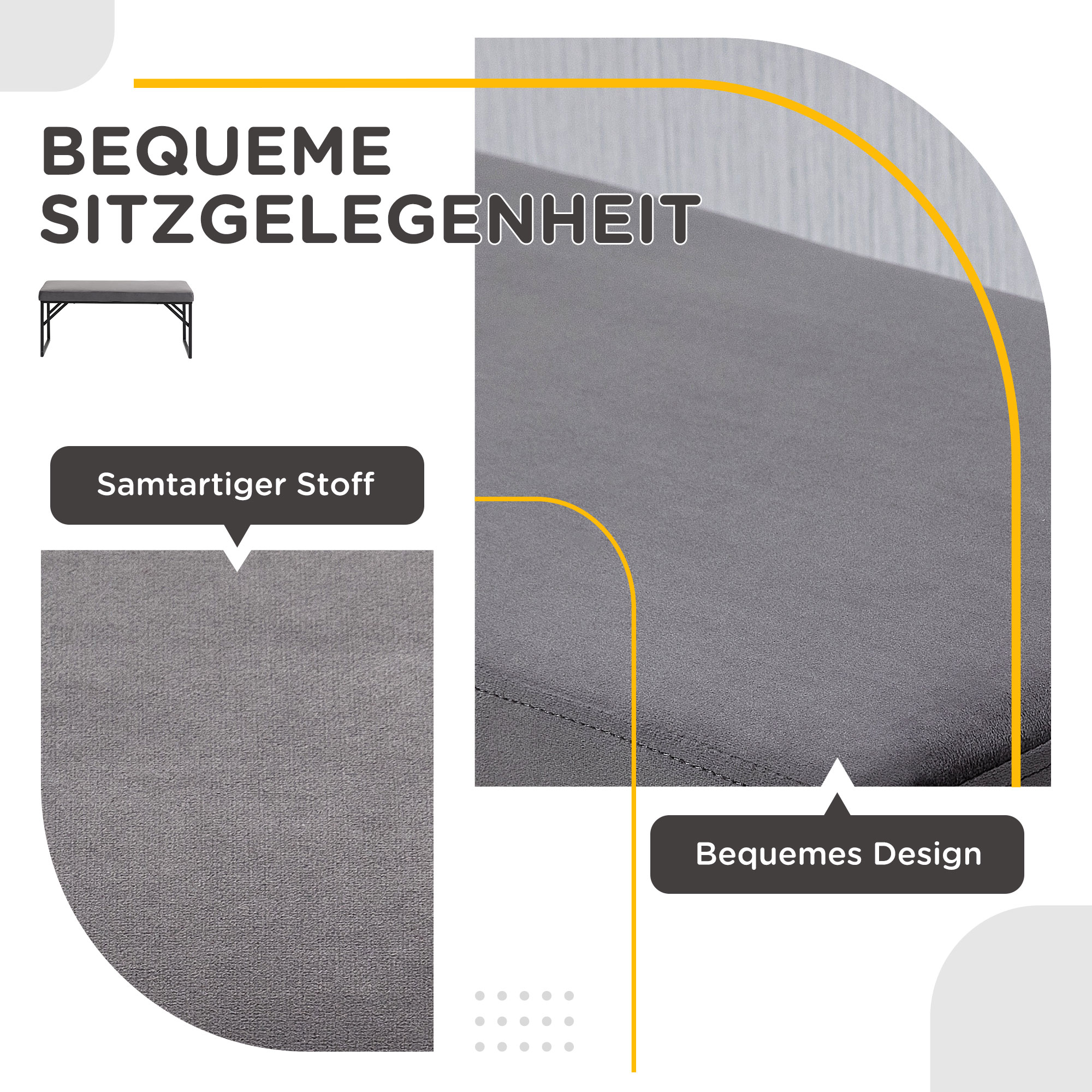 Nahaufnahme einer grauen Bank mit detailliertem Stoff, mit Textetiketten, die auf Stoff und Design hinweisen.