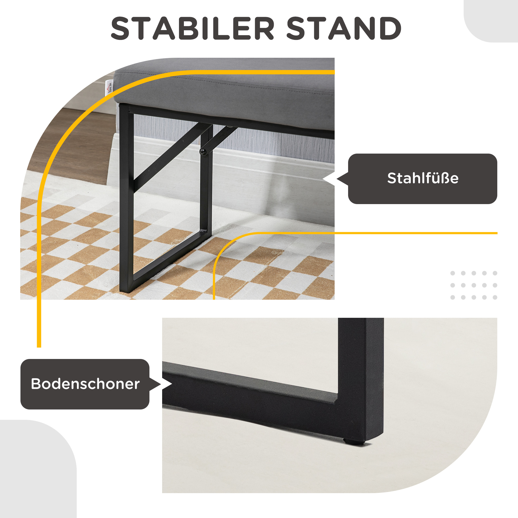 Eine schwarze Bank mit schwarzen Beinen, mit Text, der 'Stabiler Stand' und 'Bodenschoner' angibt.