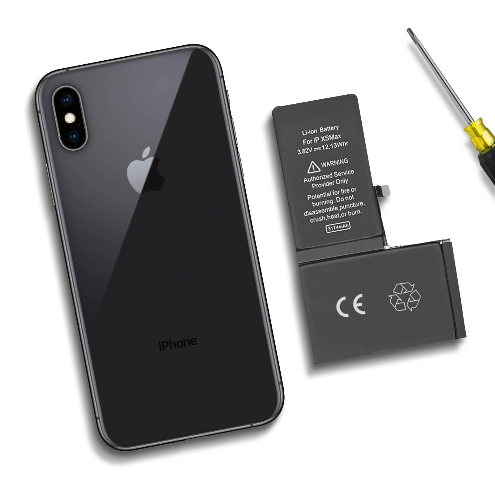 Un iPhone X nero accanto alla sua batteria e un cacciavite. La batteria è aperta.