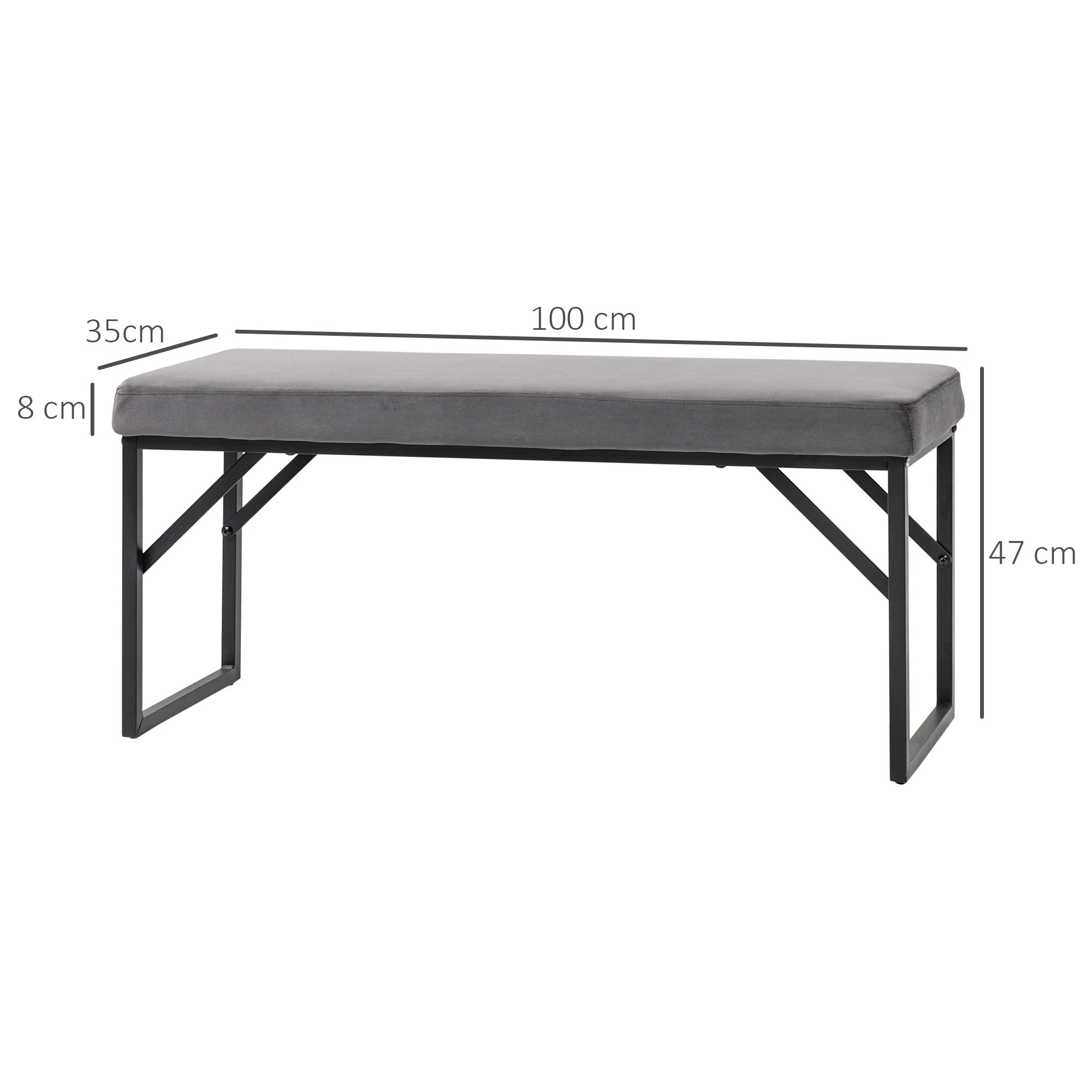 Eine graue Bank mit schwarzen Metallbeinen. Sie hat die Maße: 100 cm lang, 35 cm breit und 47 cm hoch.