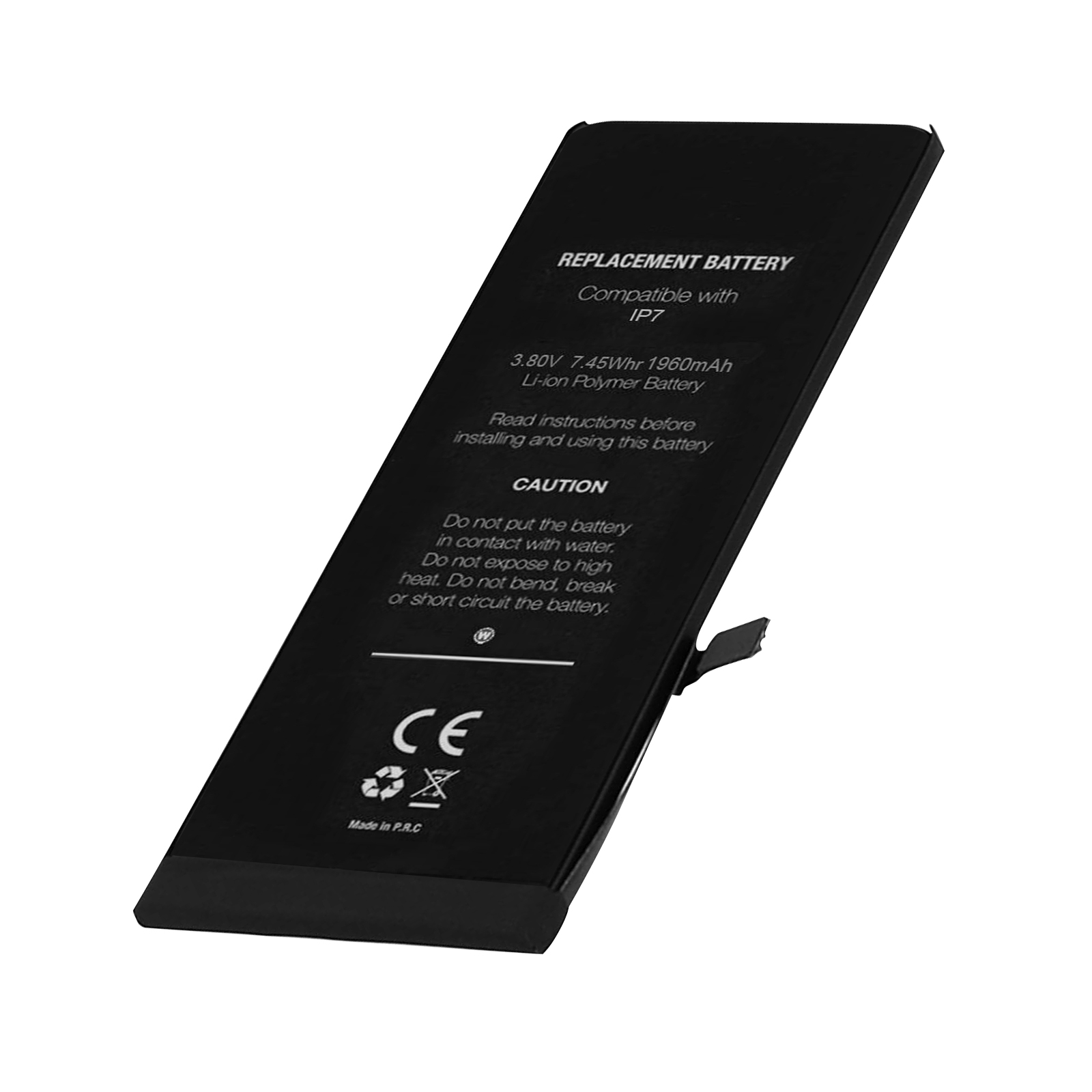 Batteria di ricambio nera. La batteria è nera con testo bianco sopra.