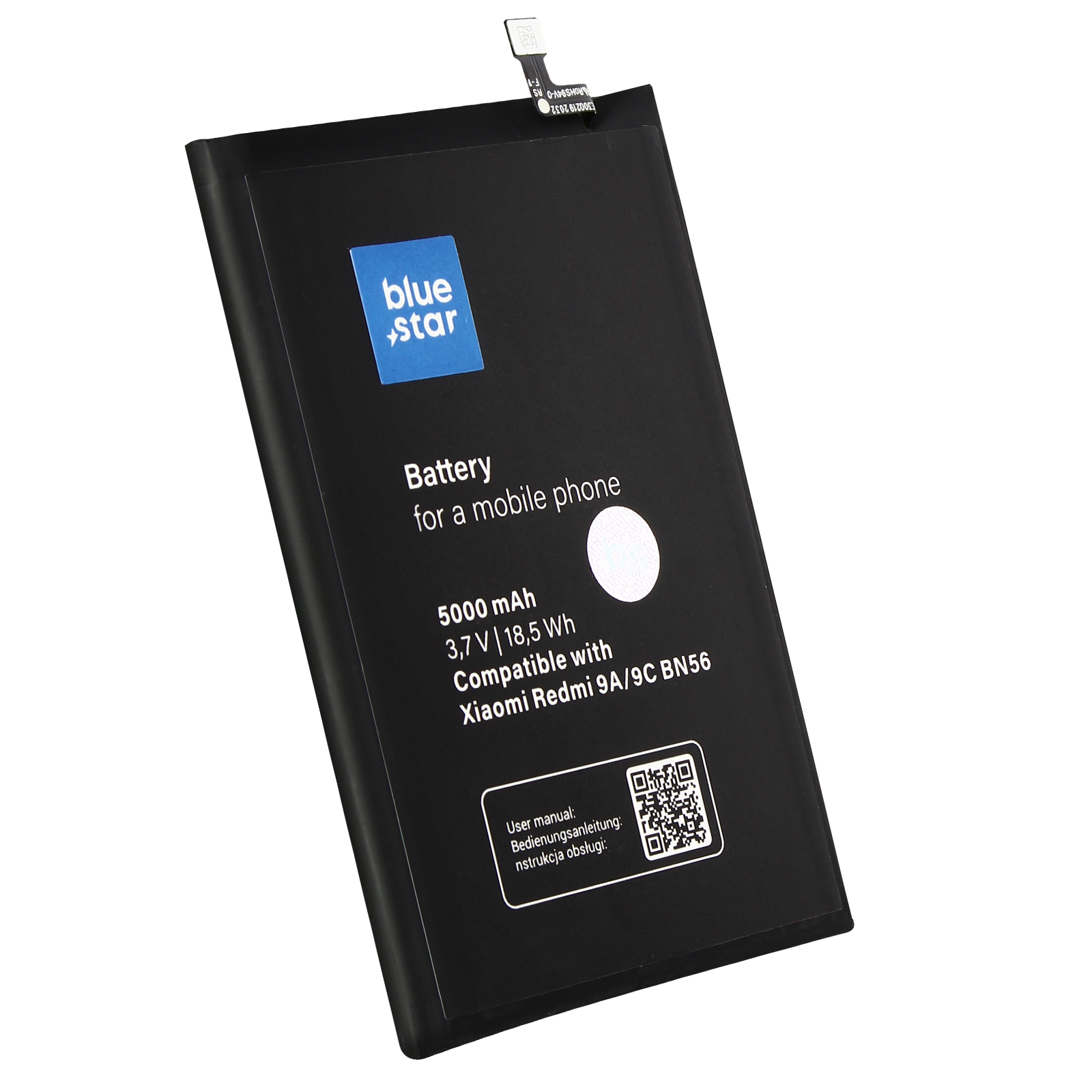 Schwarzer Telefonakku mit Text und blauem Sternlogo. QR-Code vorhanden.