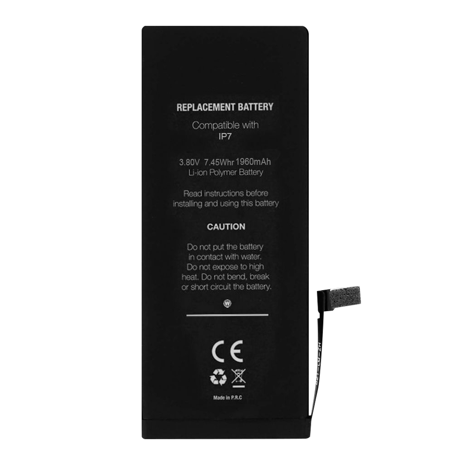 Batteria di ricambio nera, con testo e avvertenze, e un cavo connettore.