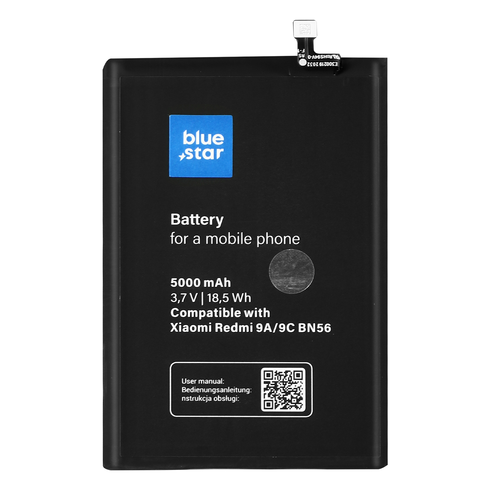 Eine schwarze Batterie für ein Mobiltelefon mit Text. Der Hintergrund ist schwarz mit einem blauen Logo.