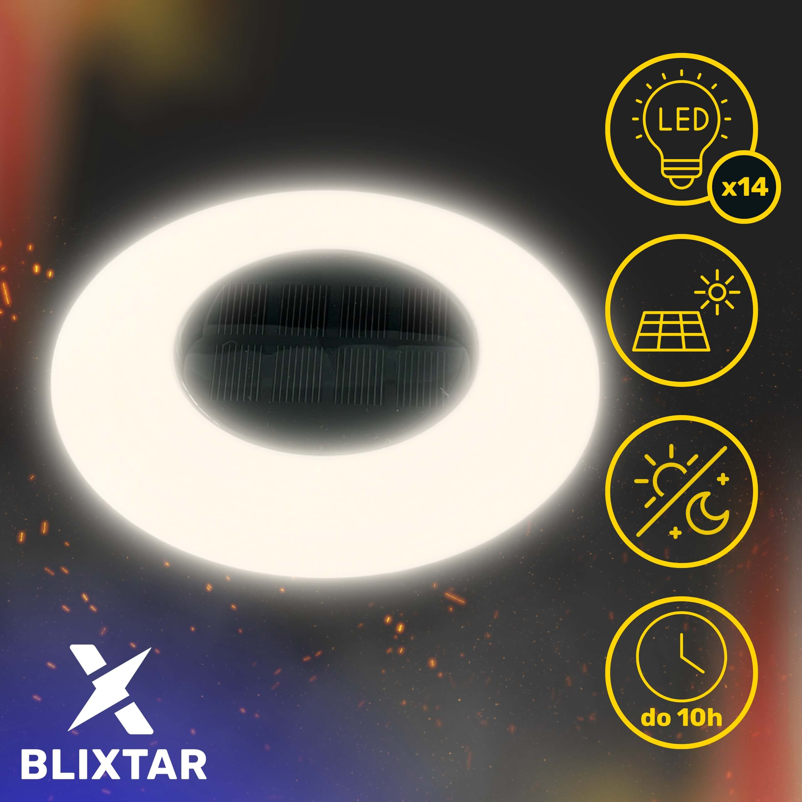 Lampa solarna o okrągłym kształcie. Symbole pokazują energię słoneczną, światła LED i czas.