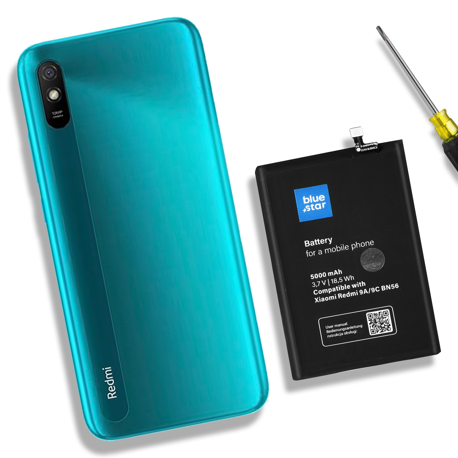 Türkisfarbenes Redmi-Telefon, schwarzer Blue Star-Akku und Schraubendreher auf weißem Hintergrund.