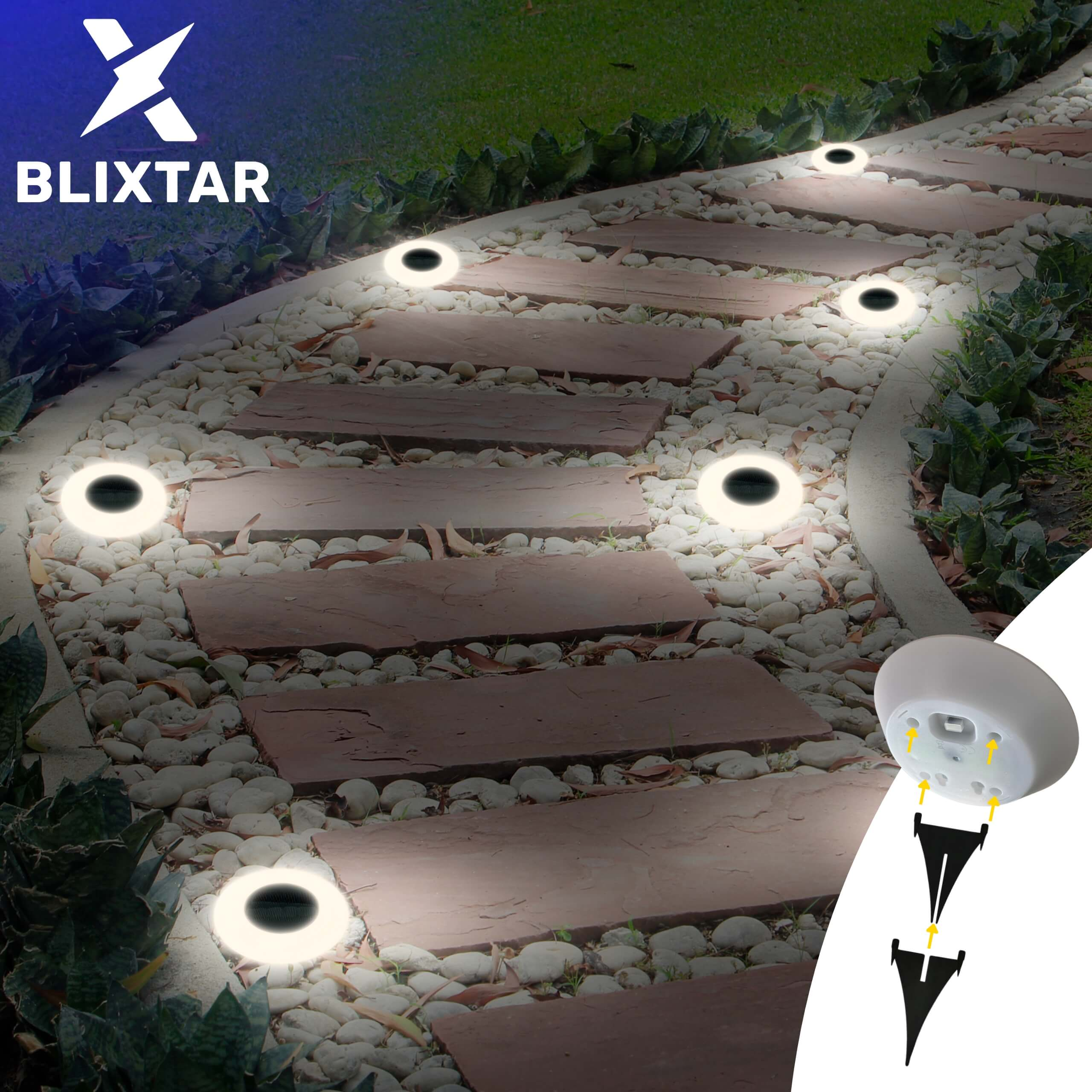 Ścieżka oświetlona okrągłymi lampami solarnymi, ze schematem instalacji.