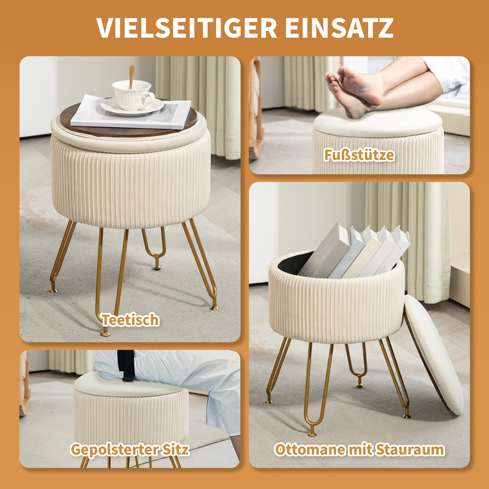 Eine Ottomane, die als Beistelltisch, Fußstütze und Aufbewahrung dient. Goldene Beine, cremefarbener Deckel und Stauraum innen.
