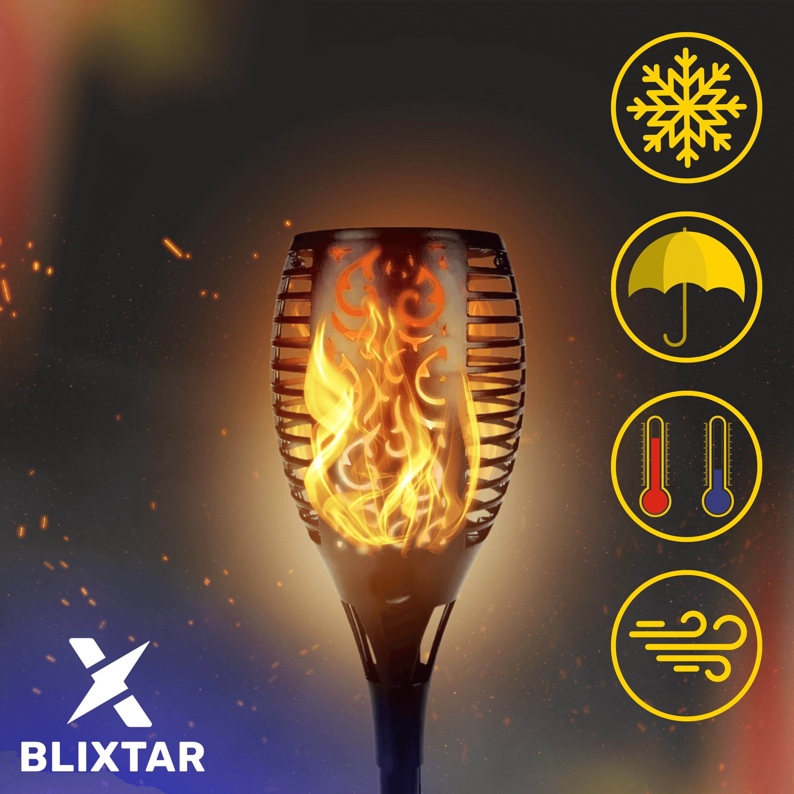 Lampa zewnętrzna w kształcie pochodni z efektem płomienia, otoczona ikonami przedstawiającymi warunki pogodowe.