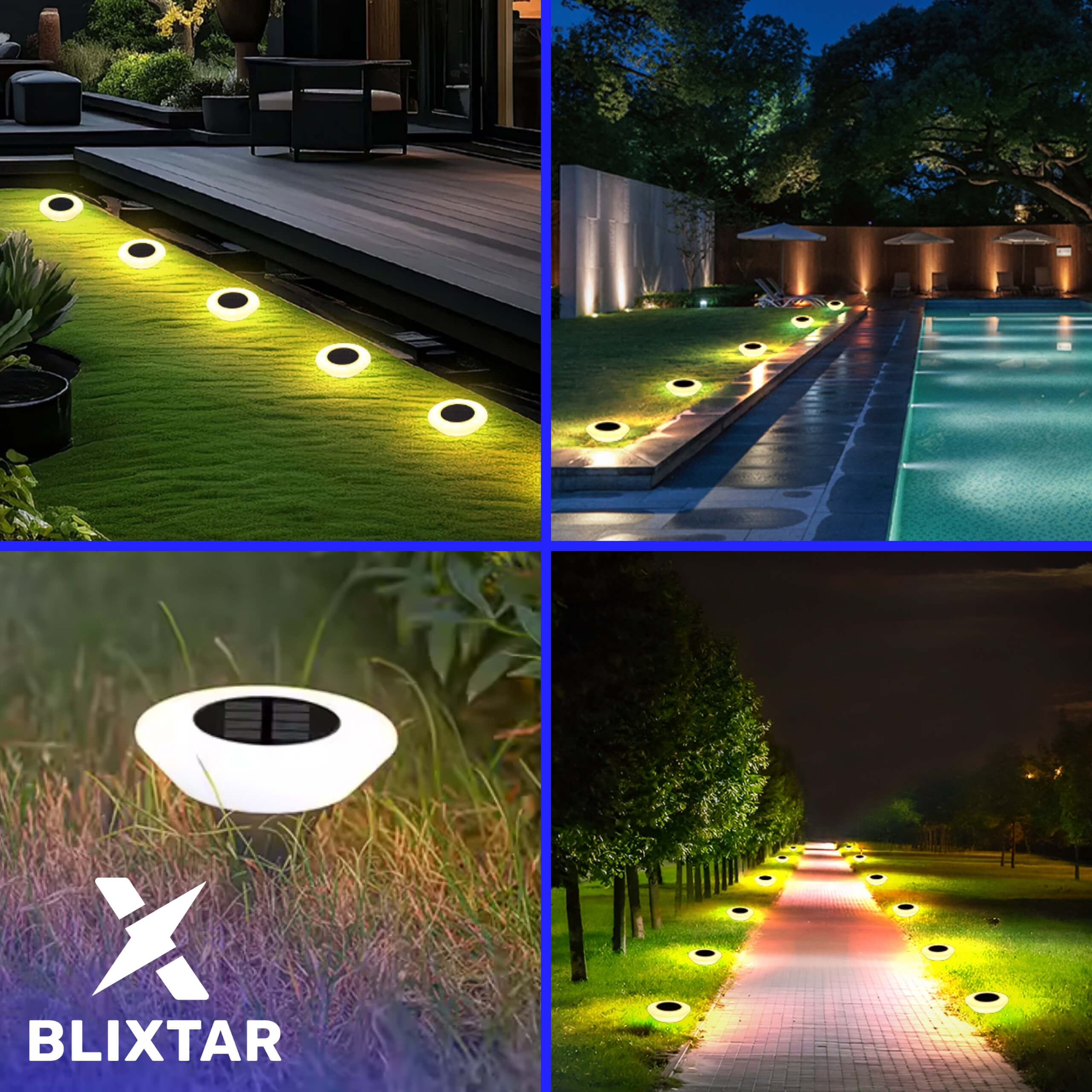 Wiele zdjęć solarnych świateł zewnętrznych oświetlających ścieżkę i trawę.