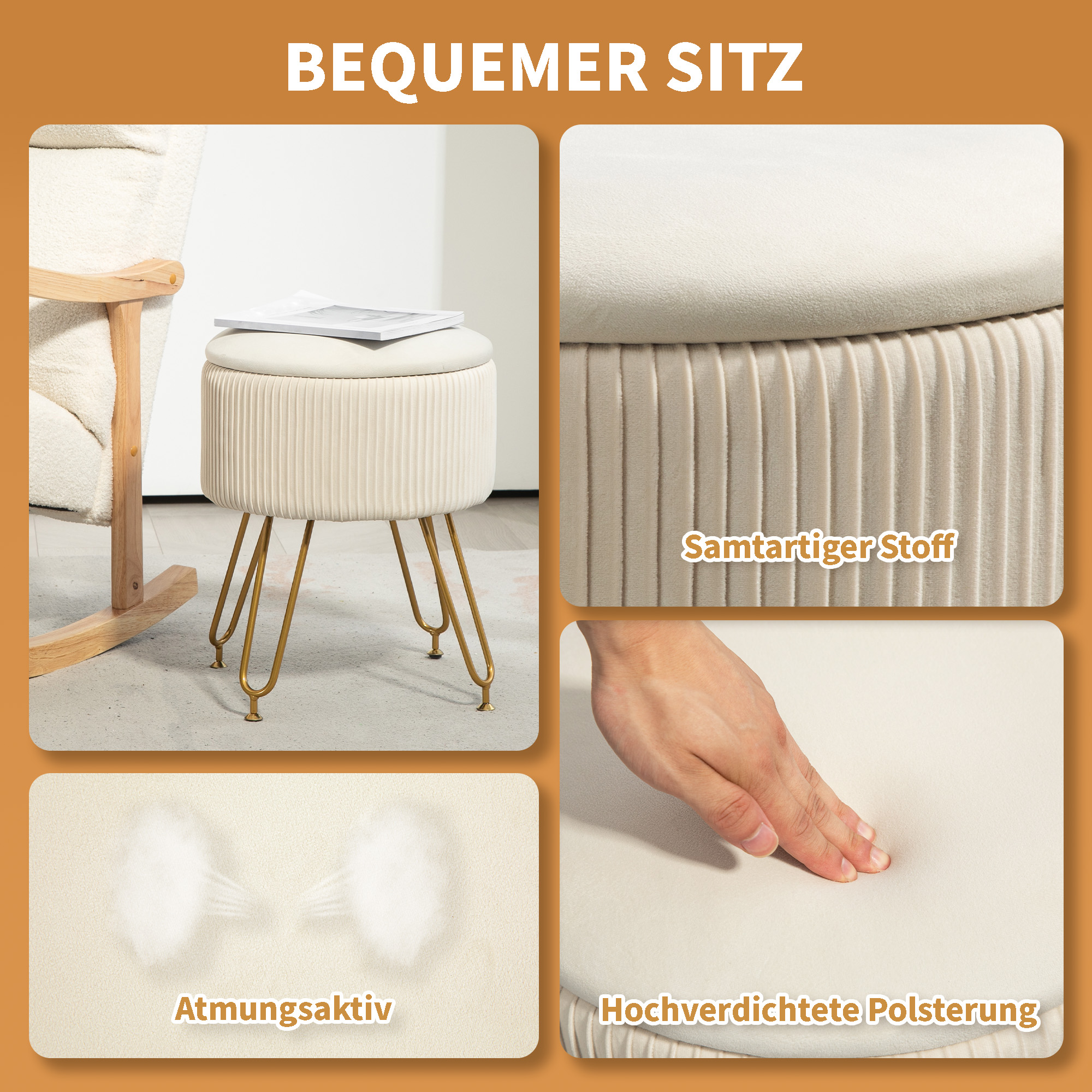 Ein beige gepolsterter Hocker mit goldenen Beinen; Nahaufnahmen zeigen Details.