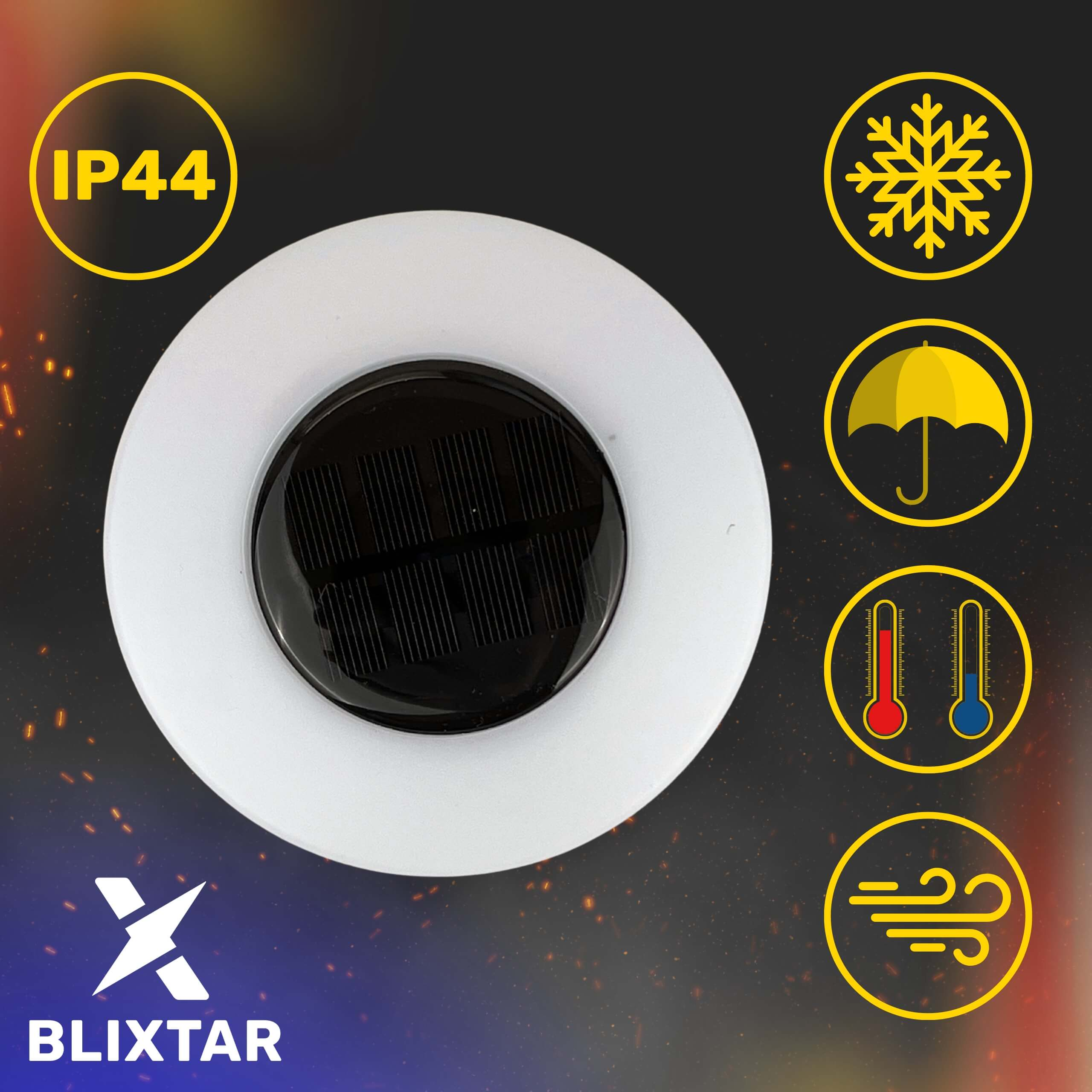 Białe światło zasilane energią słoneczną z ikonami pogody.