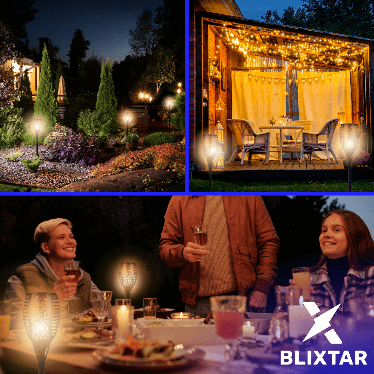 Grupa osób cieszących się kolacją pod pochodniami i światłami w nocy.