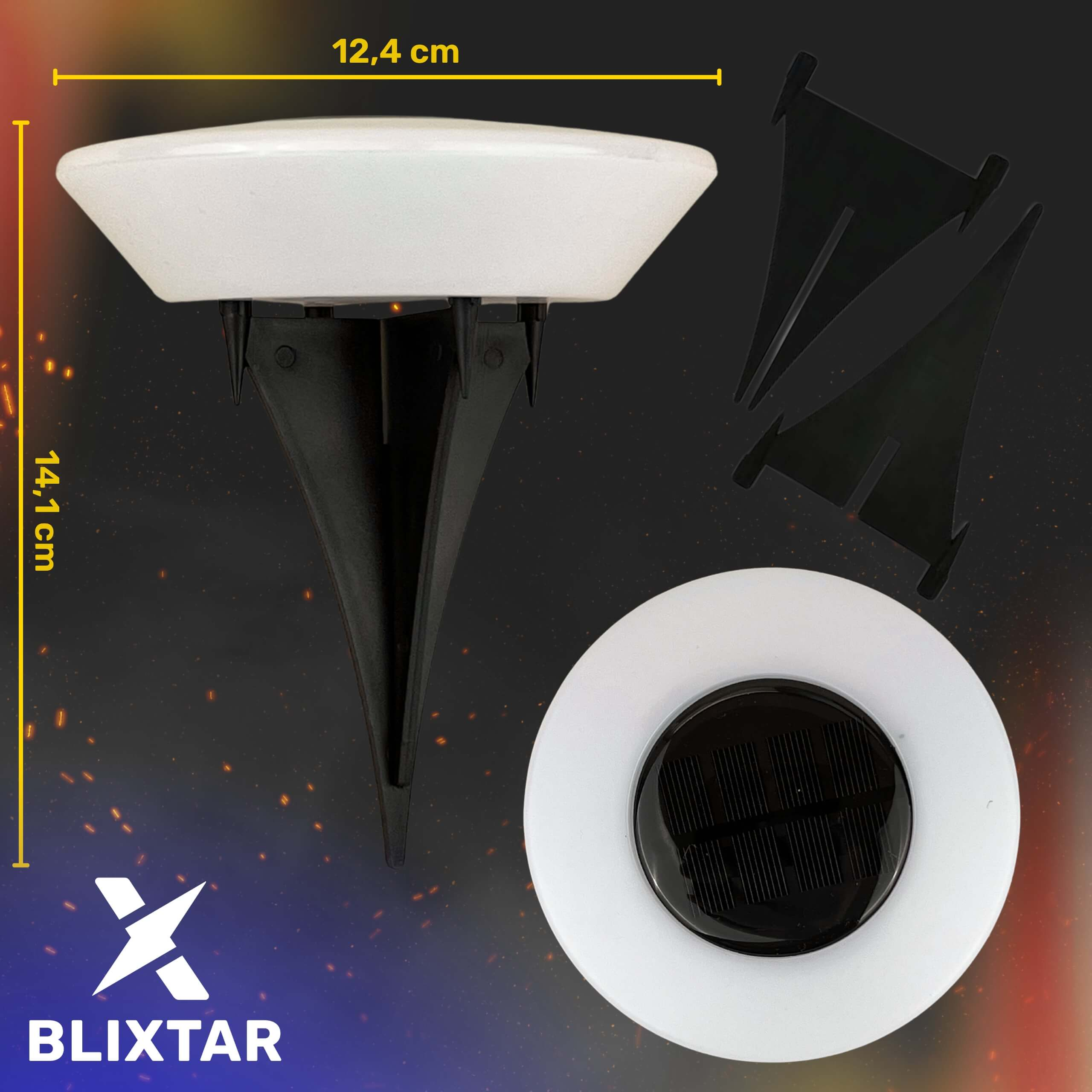 Słoneczna lampa ogrodowa z wymiarami. Czarne kołki i ciemne tło.