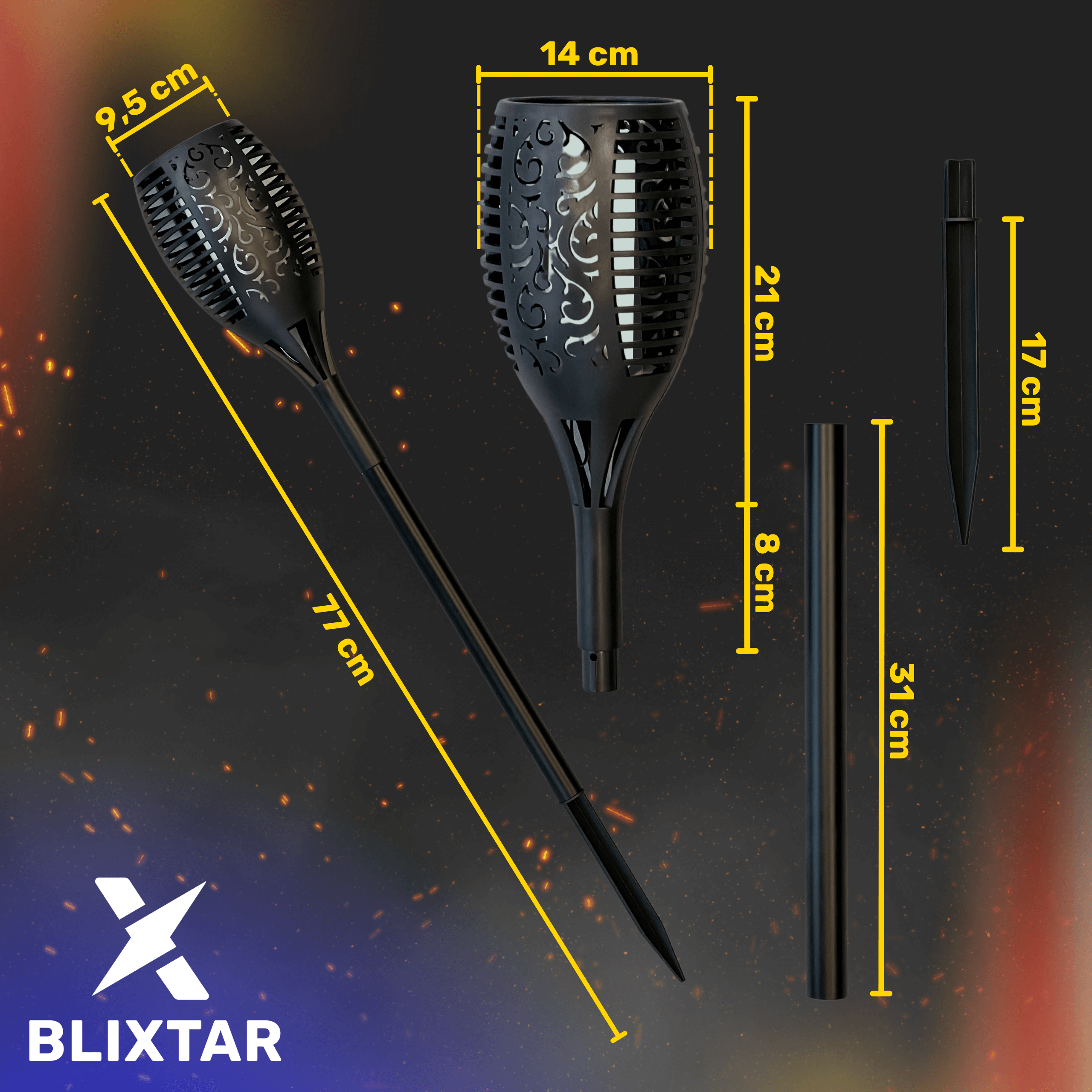Czarne solarne pochodnie ogrodowe, z wymiarami, na ciemnym tle z żółtymi iskrami i logo.