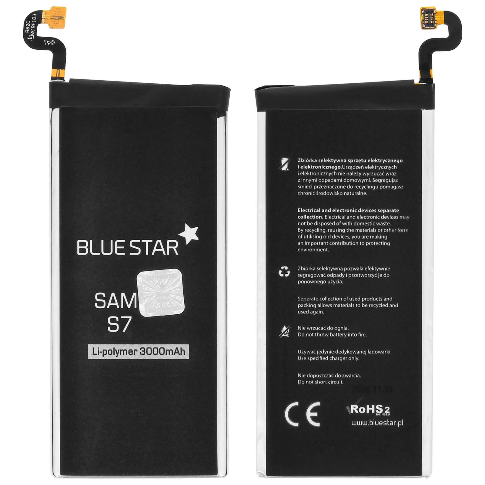 Due lati di una batteria del telefono con testo e avvertenze in polacco.