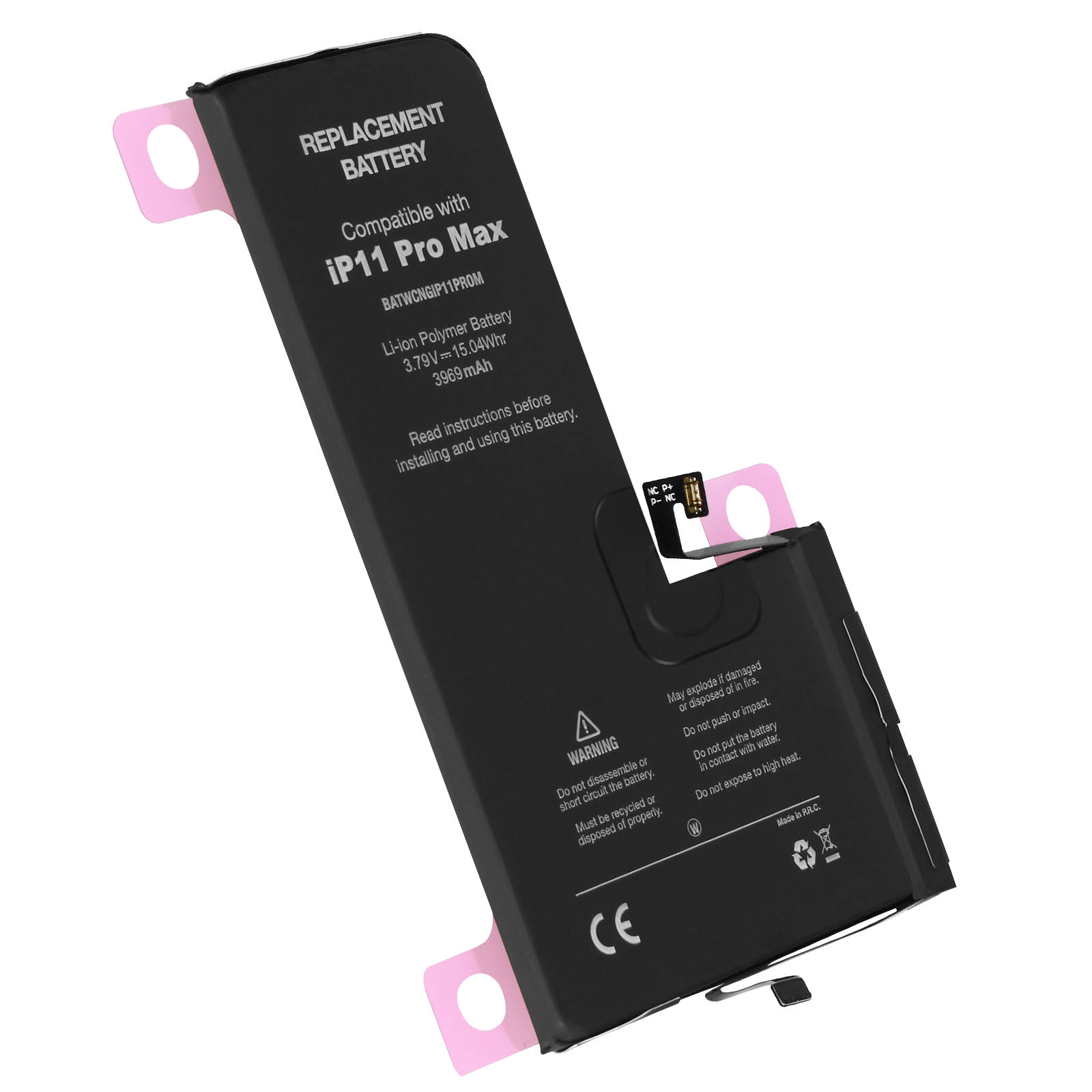 Sostituzione batteria iPhone nera. La batteria ha un'etichetta di avvertimento e marchio CE. Lo sfondo è bianco.