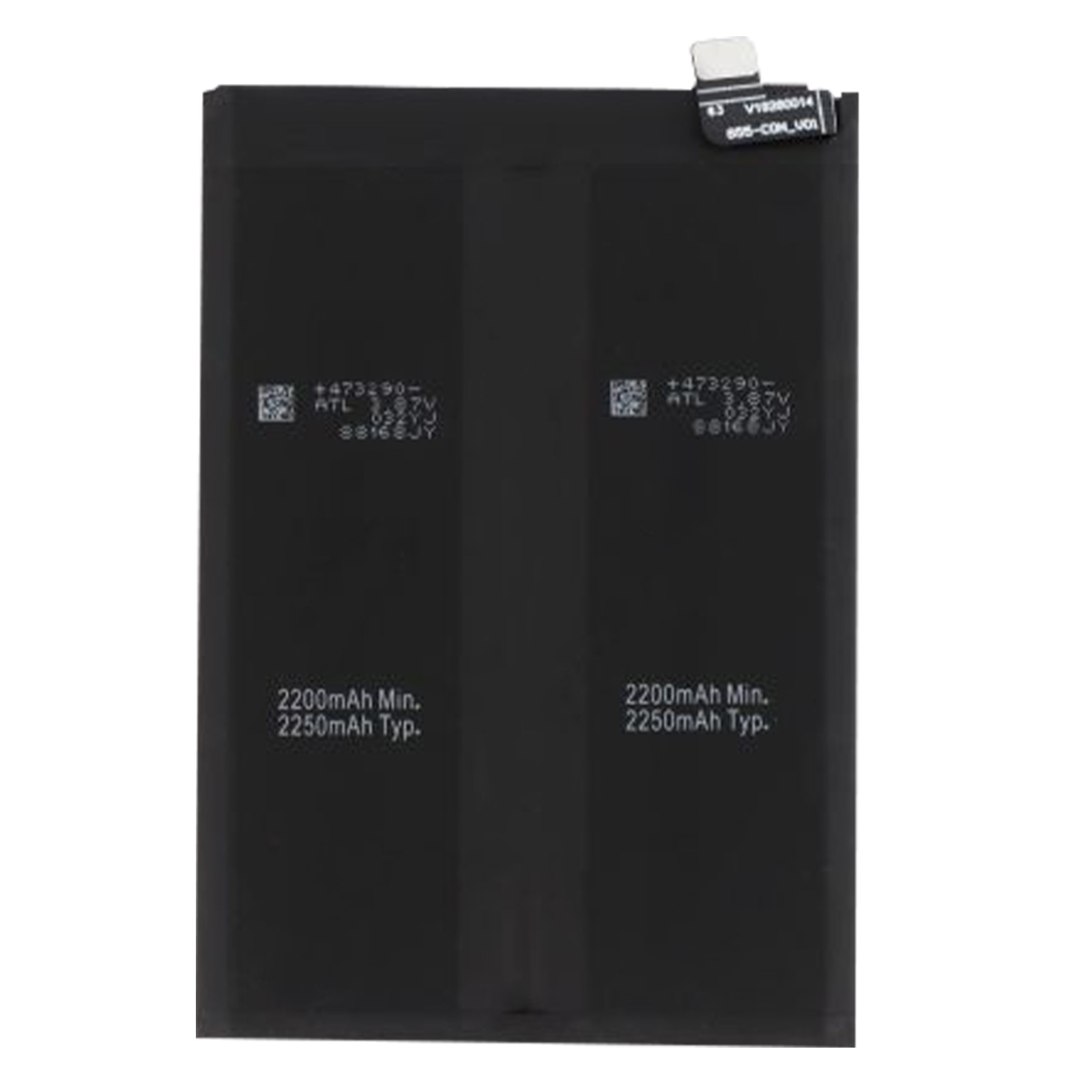 Batteria nera. Testo: 2200mAh Min, 2250mAh Typ. Due batterie in primo piano. Sfondo bianco.