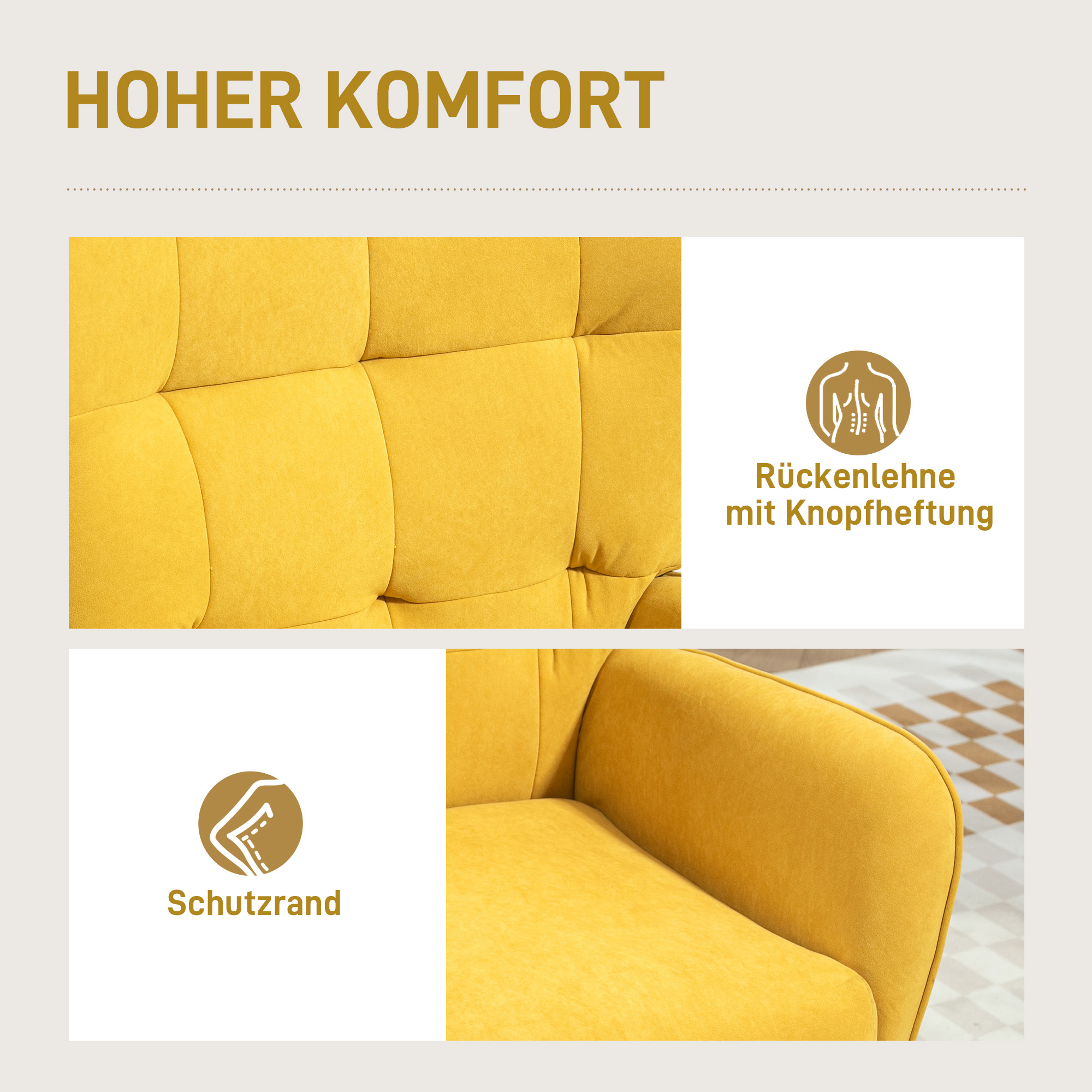 Nahaufnahme eines gelben Sessels. Weißer Hintergrund.