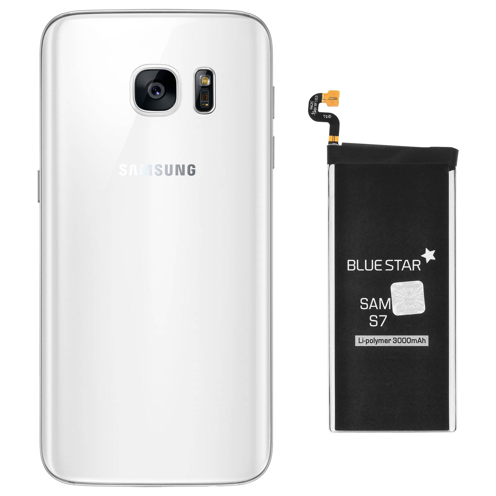 Un telefono Samsung S7 bianco accanto alla sua batteria. La batteria è nera.