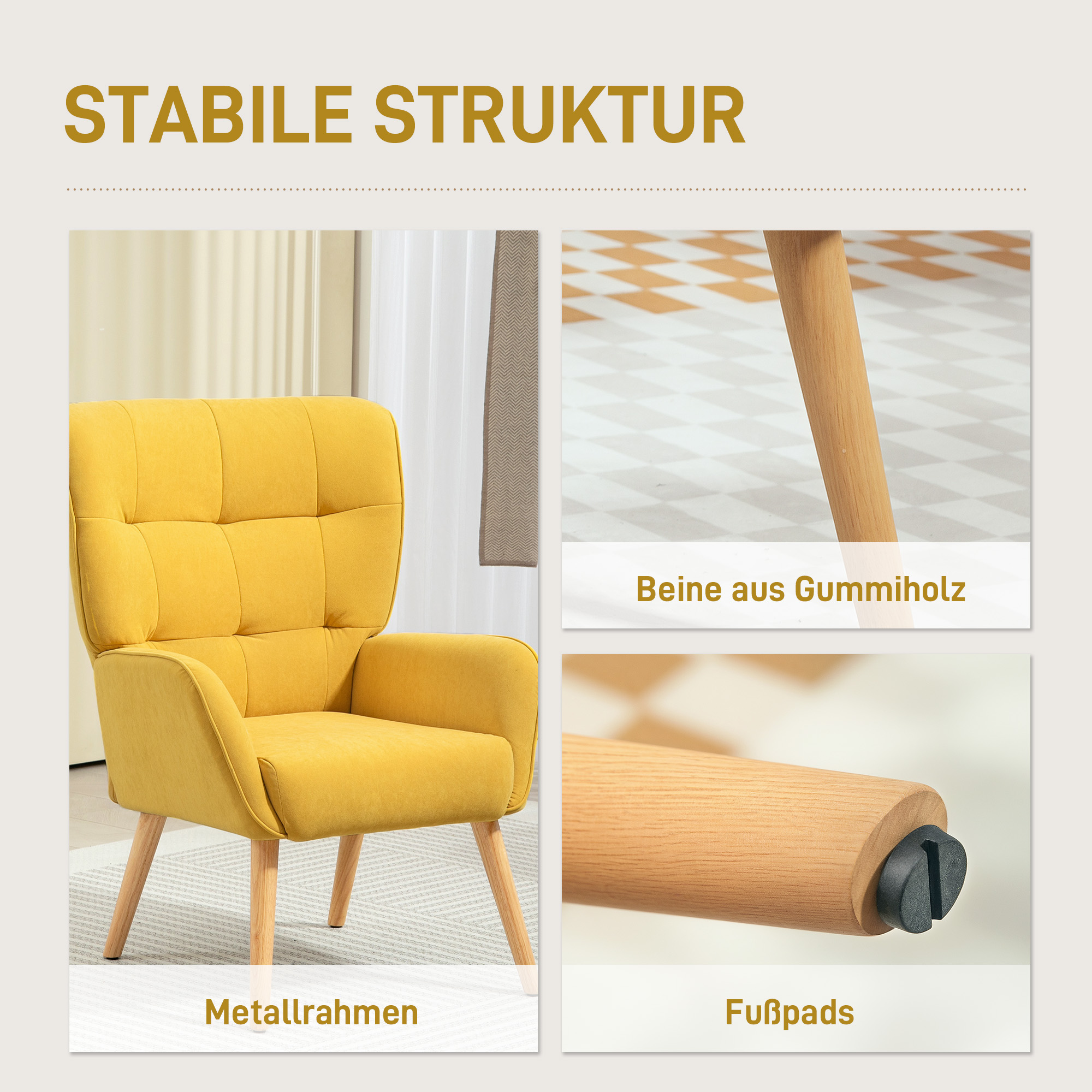 Ein gelber Sessel mit Holzbeinen, Metallrahmen und Nahaufnahme der Beine.