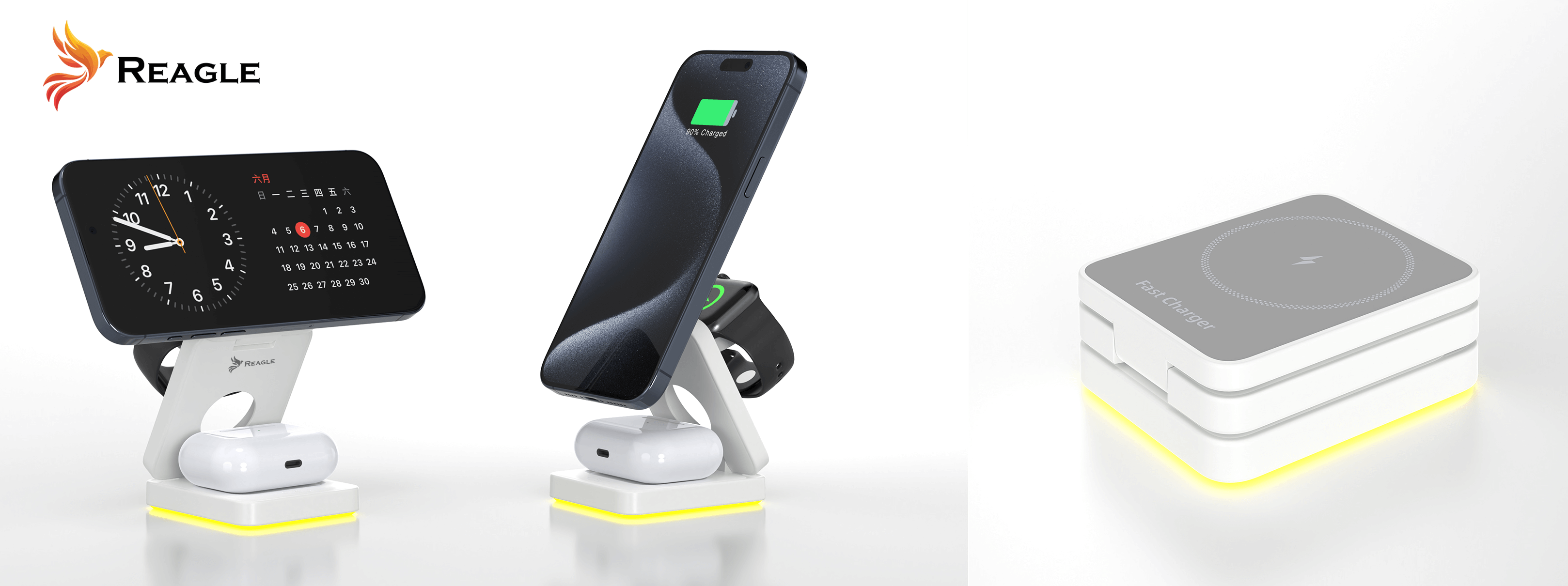 Trzy bezprzewodowe stojaki ładujące do telefonów i smartwatchy, z widoczną nazwą marki REAGLE.