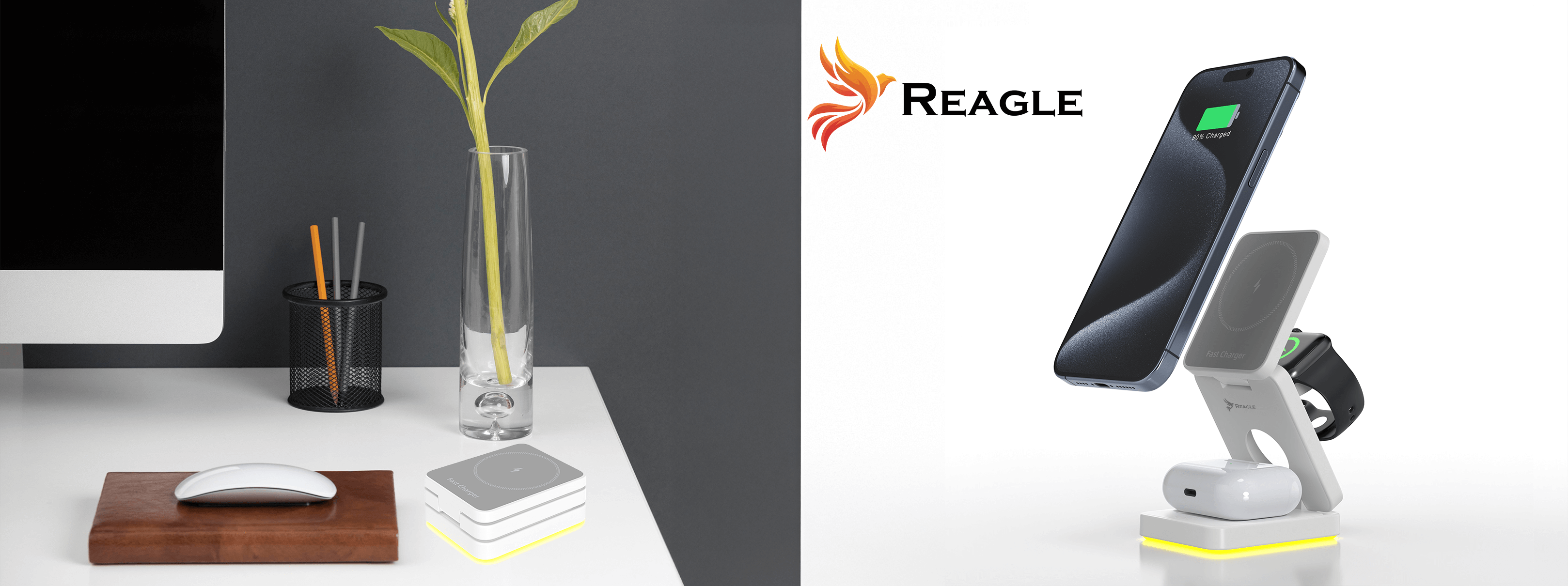 Ładowarka bezprzewodowa z telefonem i zegarkiem, ołówkami i kwiatem w wazonie na białym stole.