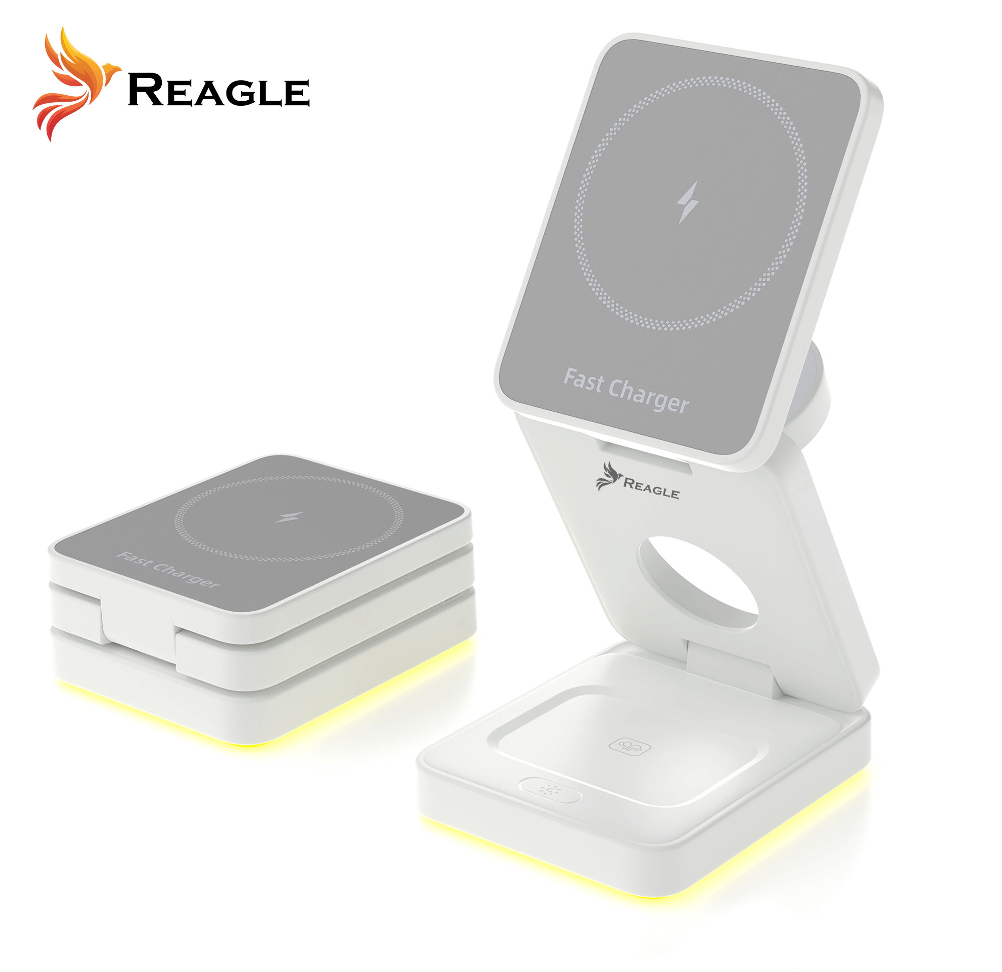 Biała składana ładowarka z dwiema częściami. Jedna otwarta, druga zamknięta.