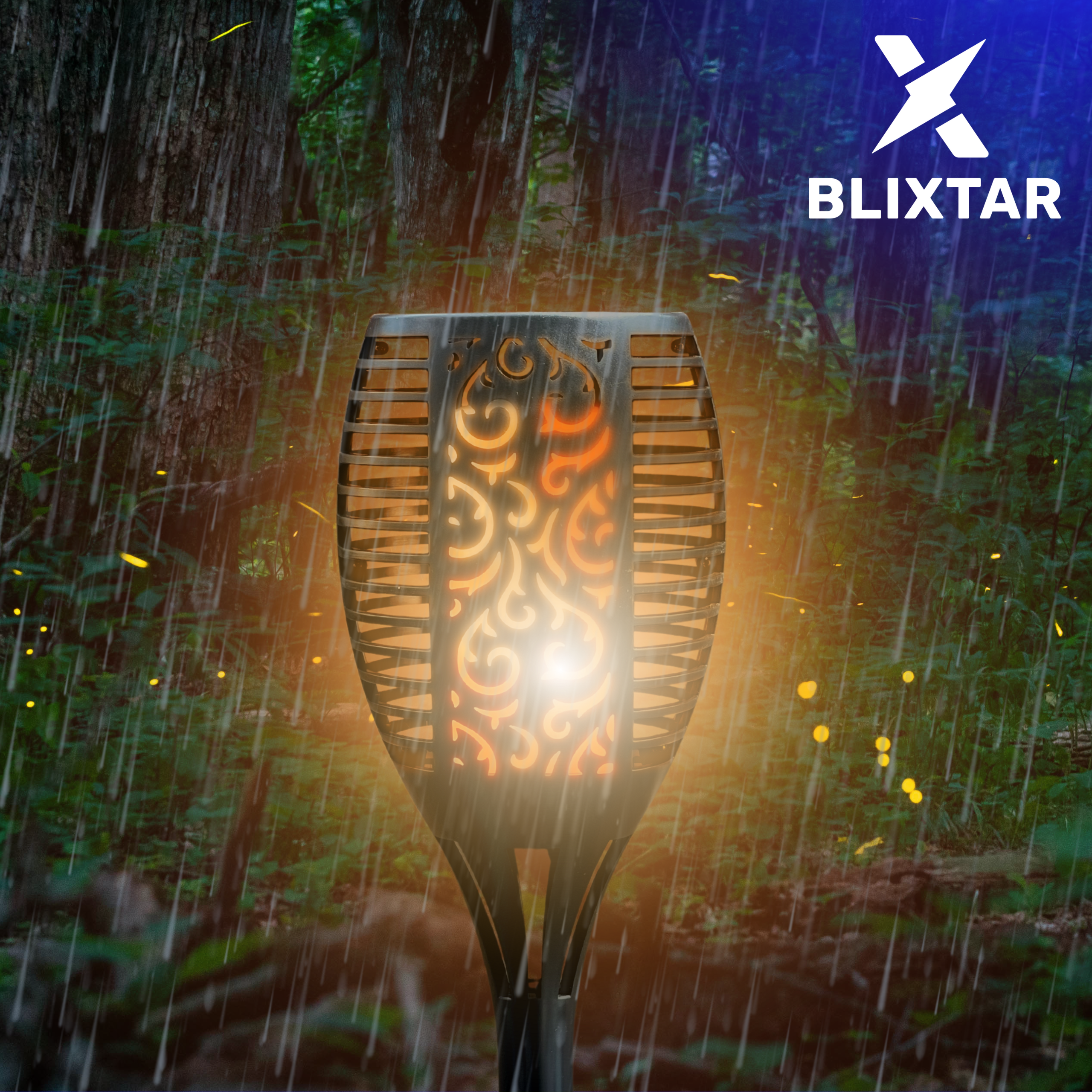 Latarka zewnętrzna emitująca pomarańczowe światło, w deszczowym otoczeniu z logo Bliztar.