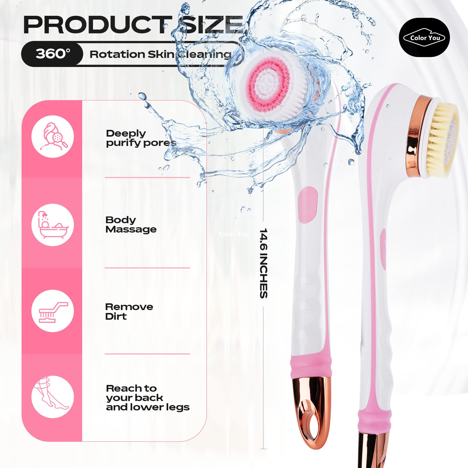 Eine weiße rotierende Hautreinigungsbürste mit rosa Akzenten, Produktdetails und Wasserspritzer.