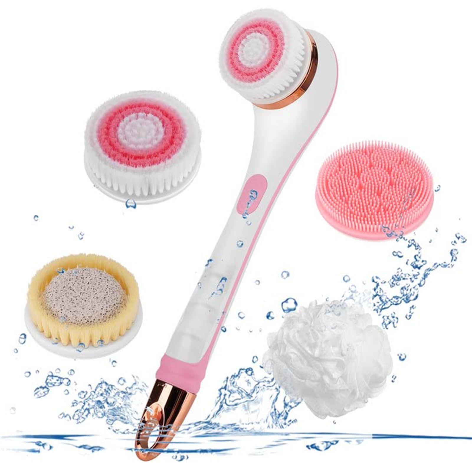 Eine weiße und rosa Gesichtsreinigungsbürste mit mehreren Bürstenköpfen. Wassertropfen um die Bürste herum.