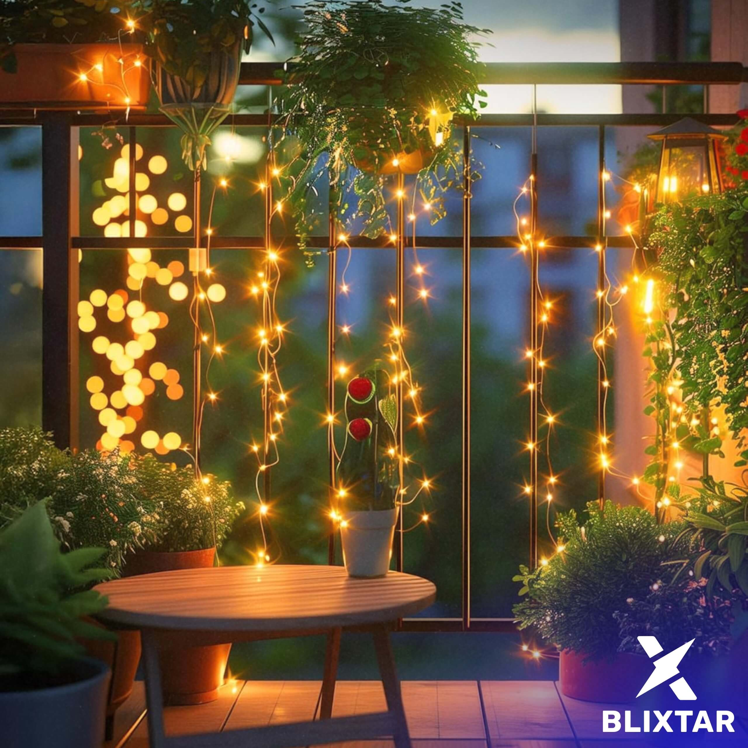 Balkon w nocy z lampkami, roślinami i małym stolikiem. Niebo jest ciemne, z logo.