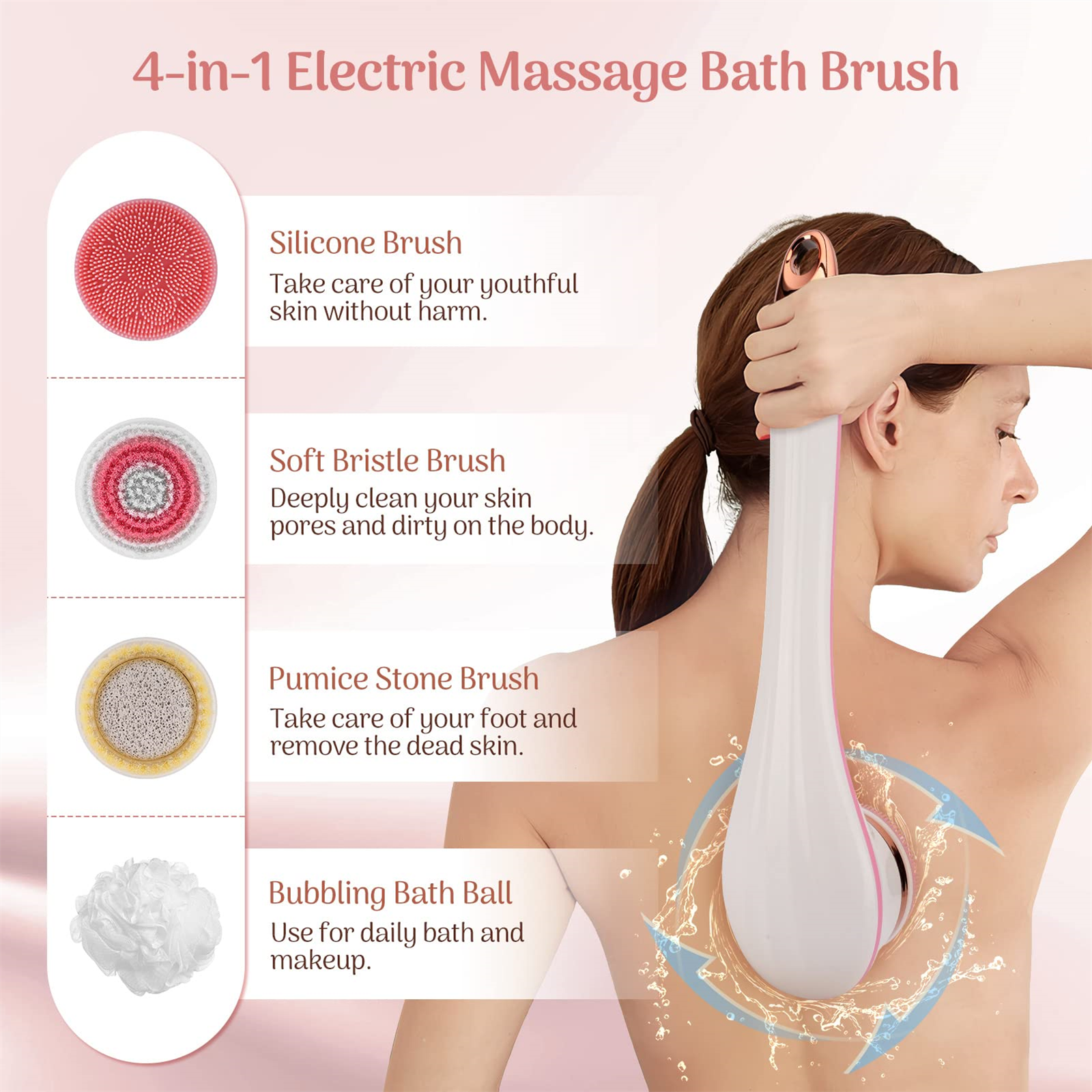 Eine 4-in-1 elektrische Massage-Badbürste, die von einer Frau benutzt wird, und mehrere Bürstenköpfe werden gezeigt.