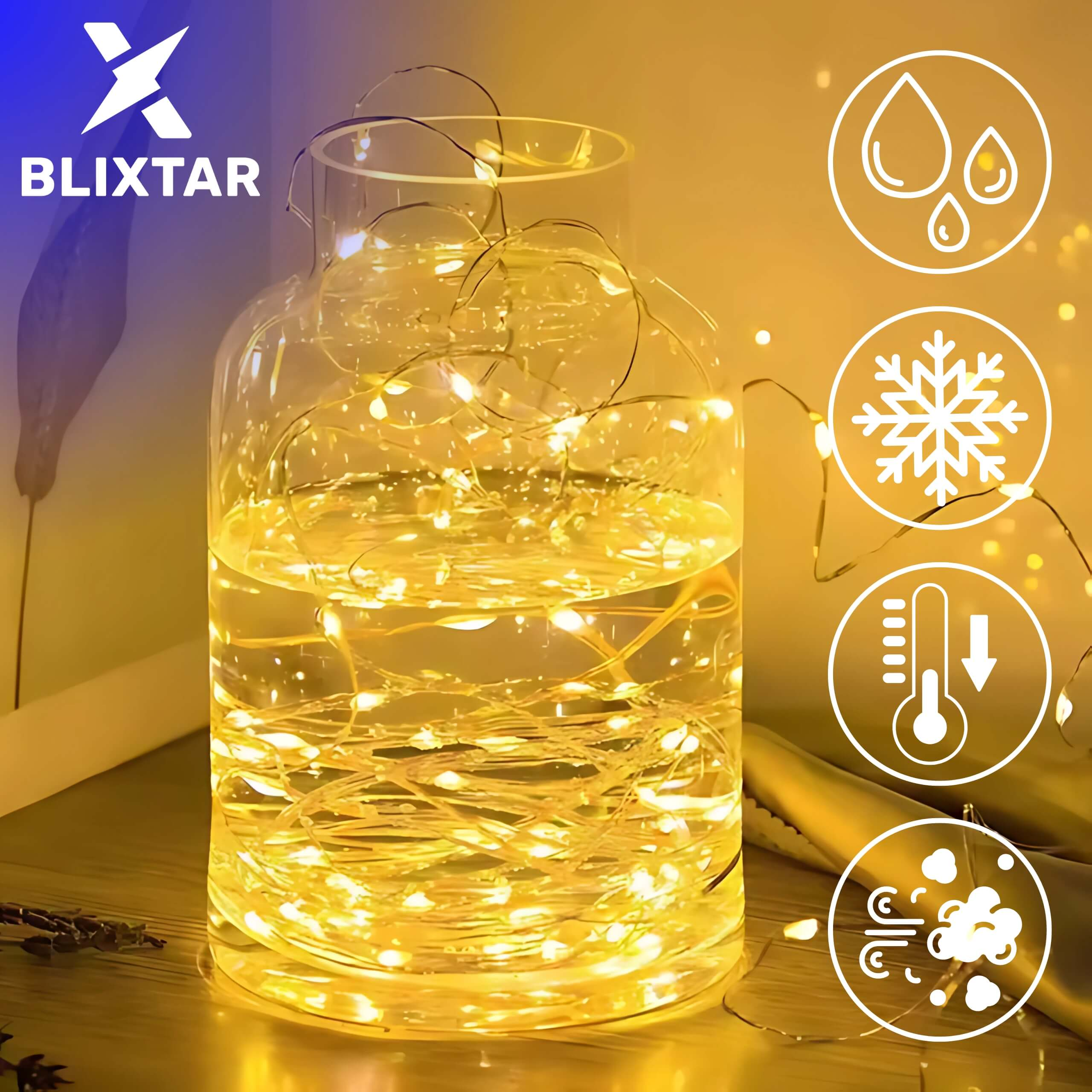 Szklany wazon z lampkami, wodą i ikonami kropli wody, płatka śniegu, temperatury i wiatru.