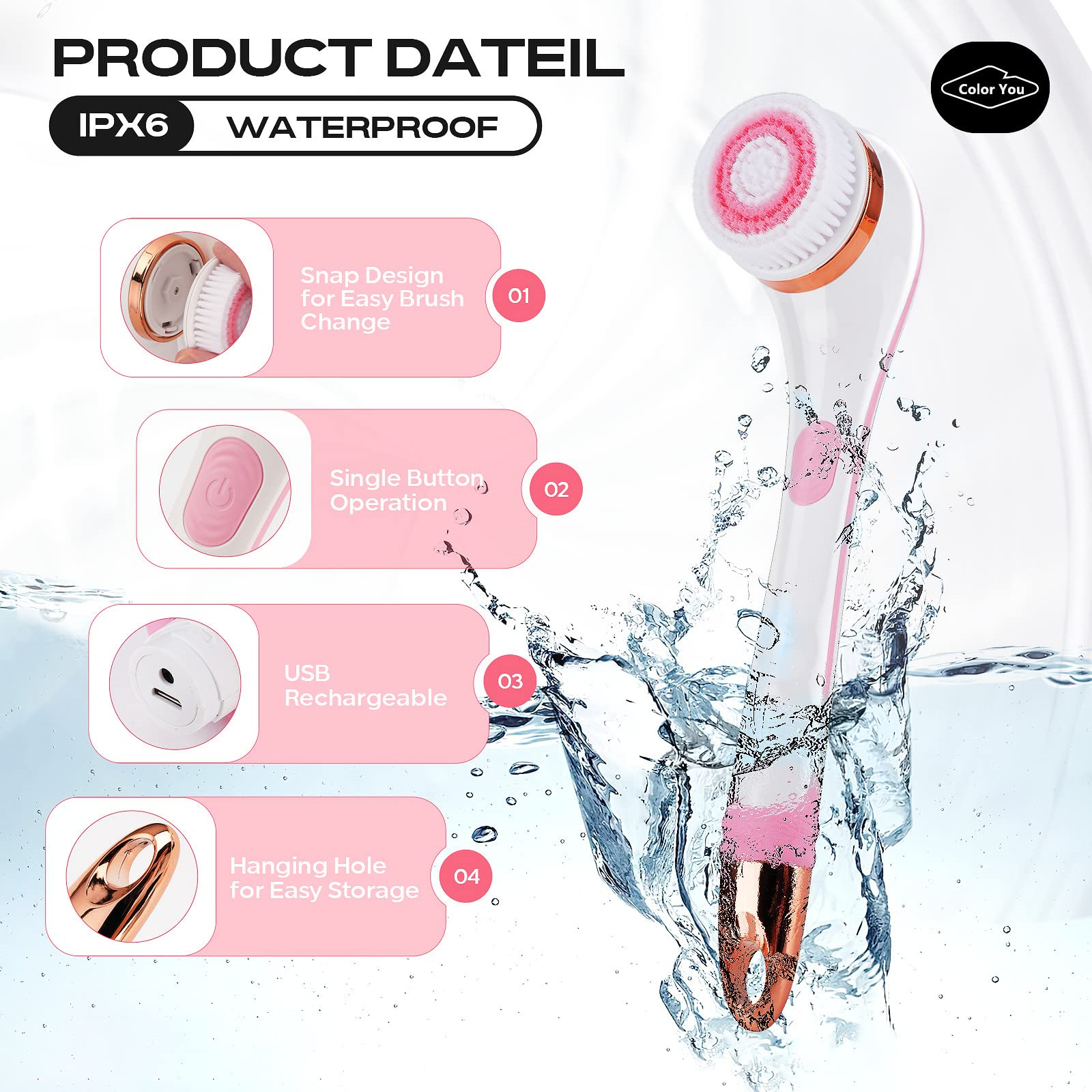 Weiß-rosa Gesichtsreinigungsbürste mit Wassertropfen, Produktdetail-Etiketten.
